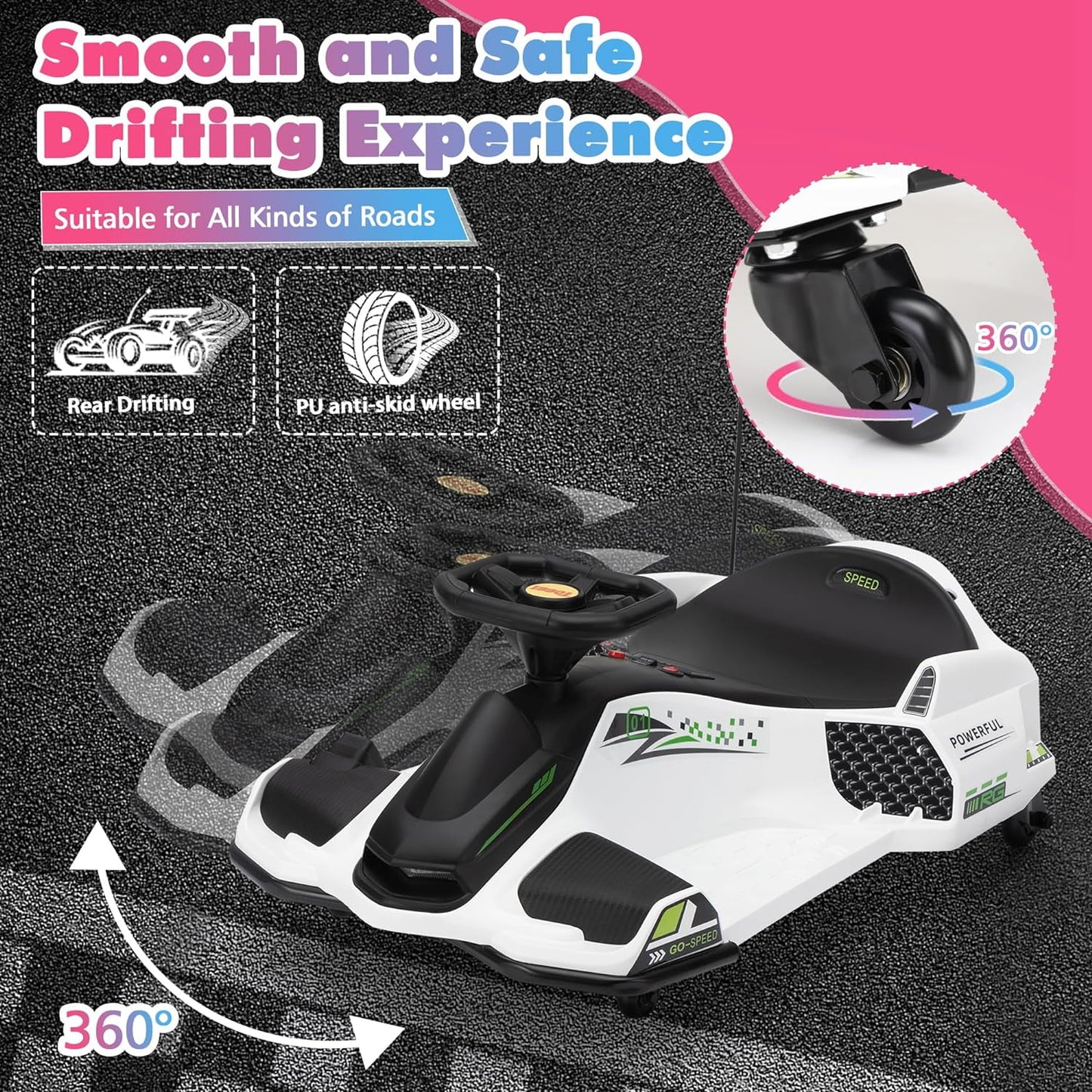 Track 7 12V Ride-On Drifting Car, Kids Electric Go Kart with Protector, Ride On Racing Car with 360° Spin, USB, LED Lights, Max Speed 5 mph, Age 8-12 Years, White