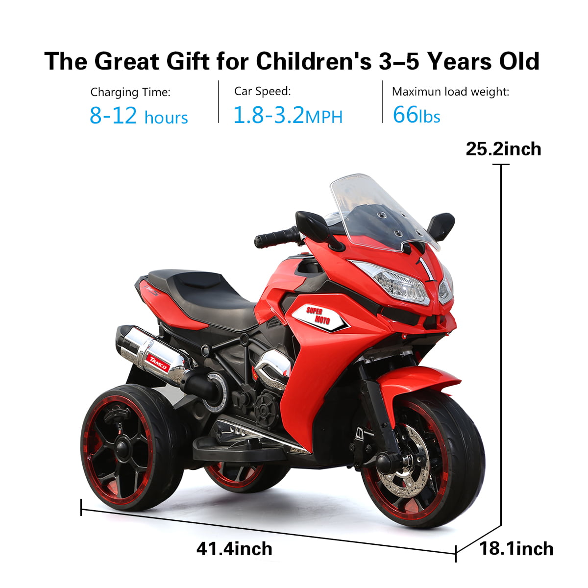 Track 7 12 V Kids Ride on Motorcycle, 3 Wheels Electric Trike Motorcycle for Boys and Girls, Light Wheels, Music, Headlights, Red