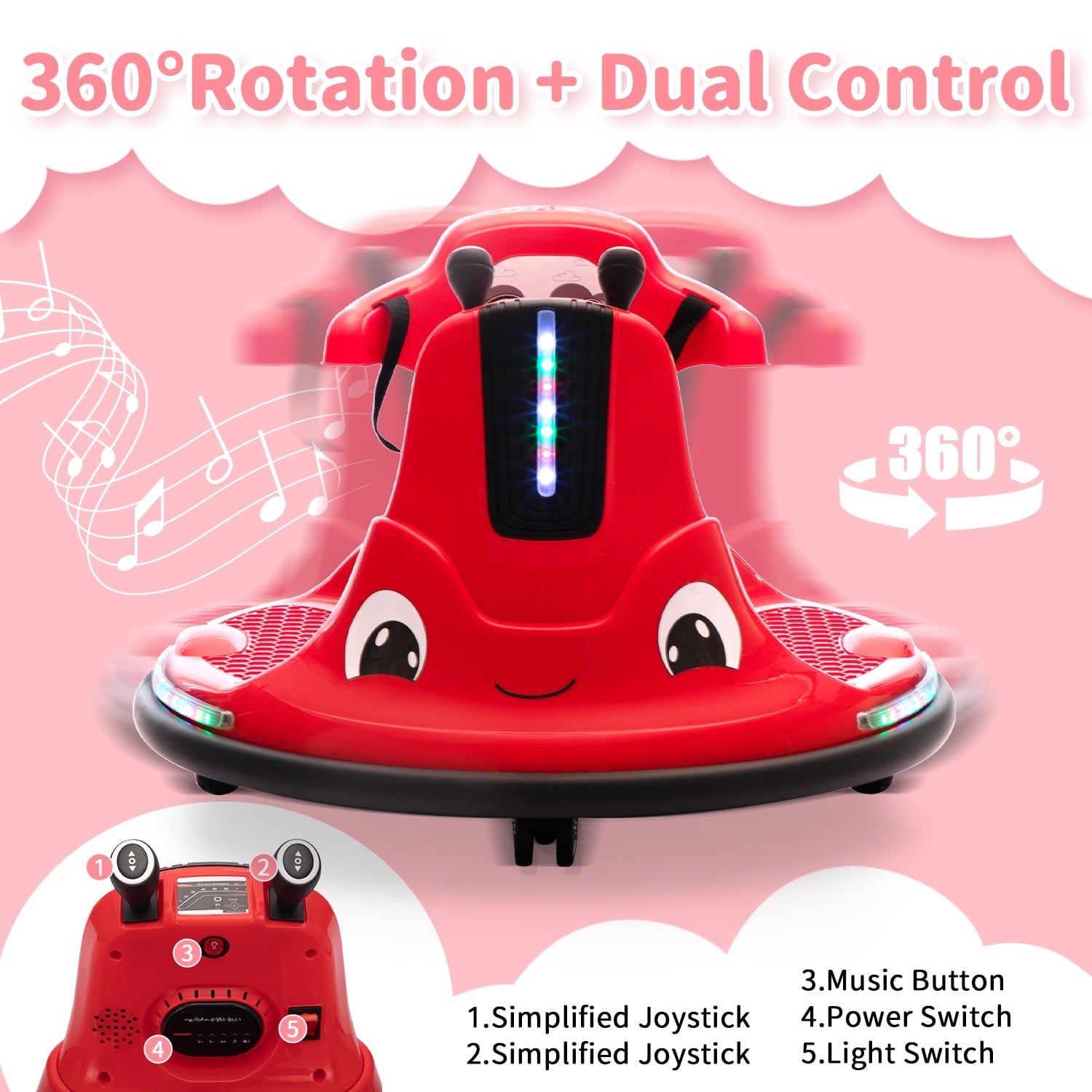 Track 7 12V Ride on Bumper Car, 360 Spin Electric Car for Boys Girls, Remote Control, Lights, Music, Ride on car, Red
