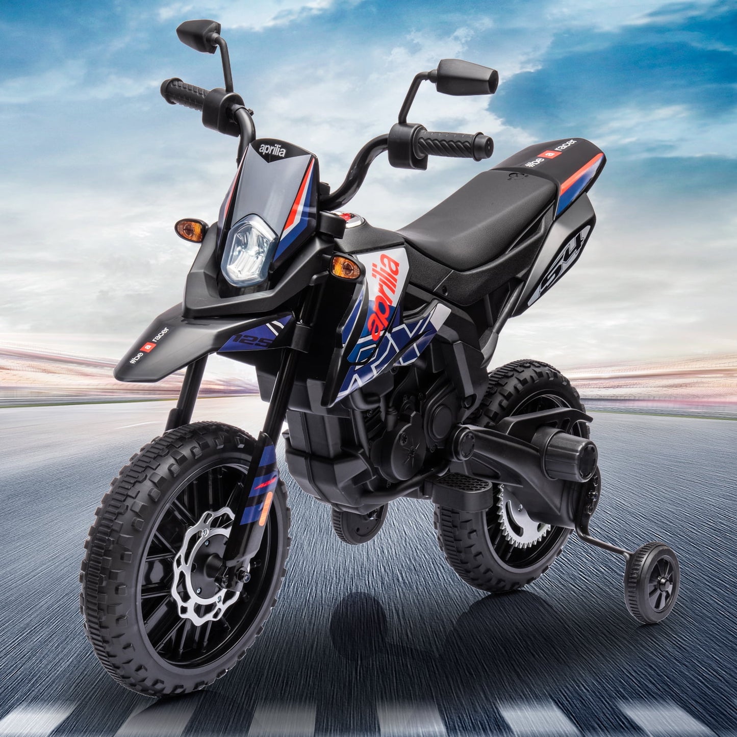 Track 7 12 V Ride on Motorcycle, Licensed Aprilia RX125 Kids Electric Motorcycle with Training Wheels, Spring Suspension, LED Lights, Music, Black
