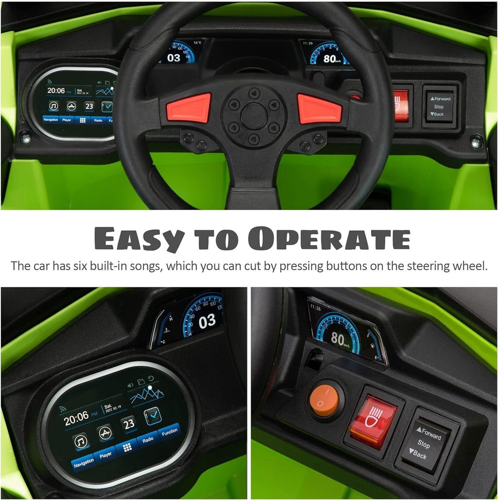 Track 7 12V Kids Ride on Truck, Electric Off-Road UTV Truck with Forward and Reverse Functions, Double Open Doors, Safety Belt, Music and Lights for Kids Aged 3-6 Years, 5 Mph Max Speed, Green