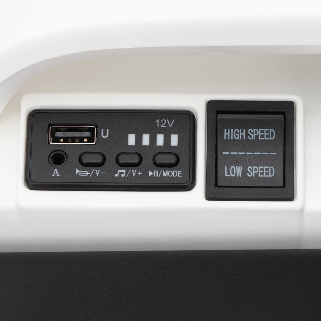 Track 7 12V Ride on Car, Kids Ride on Box, Electric Box Car with High-Low Speeds, Variable Speed Throttle, MP3, USB, Storage, Max Speed 5mph, White