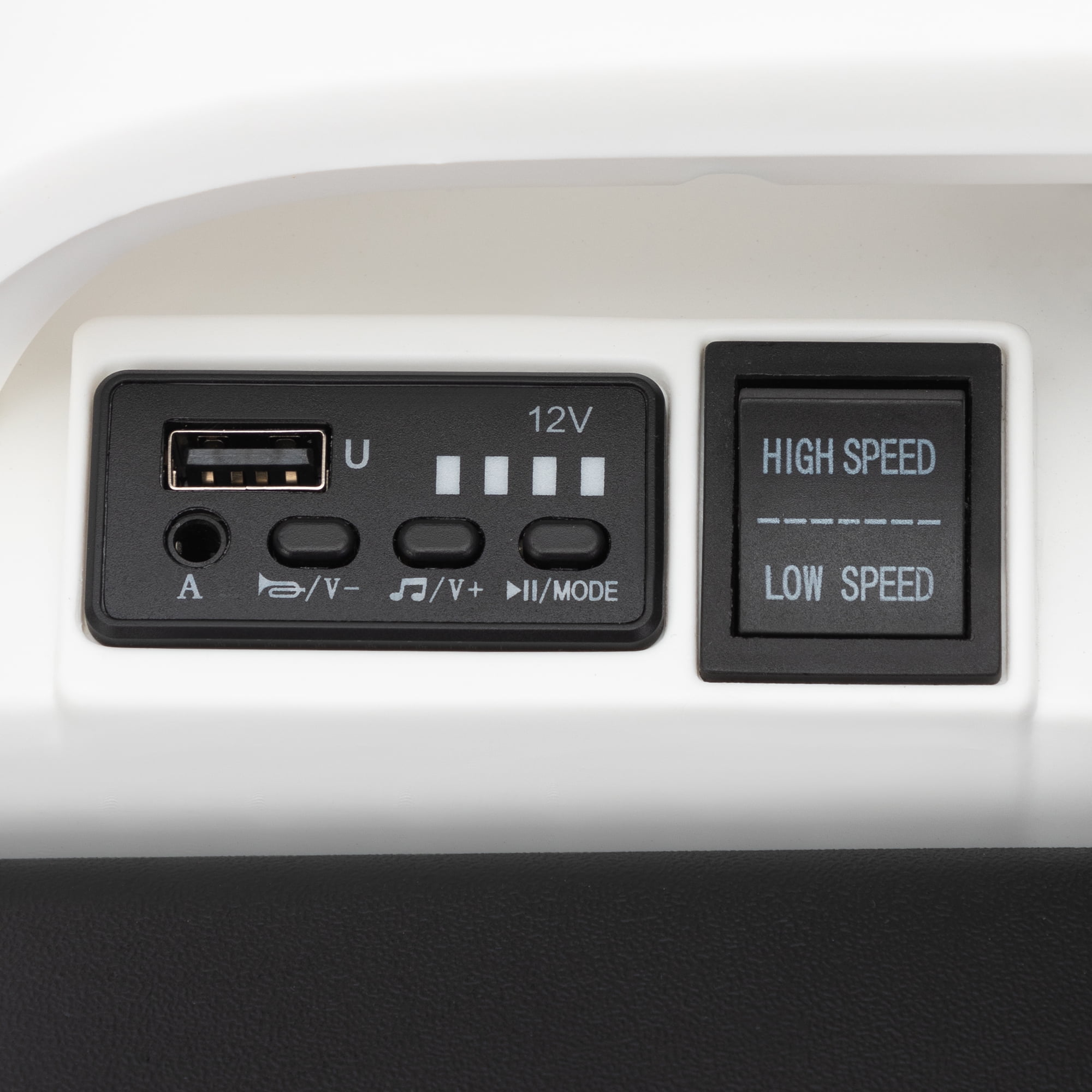 Track 7 12V Ride on Car, Kids Ride on Box, Electric Box Car with High-Low Speeds, Variable Speed Throttle, MP3, USB, Storage, Max Speed 5mph, White