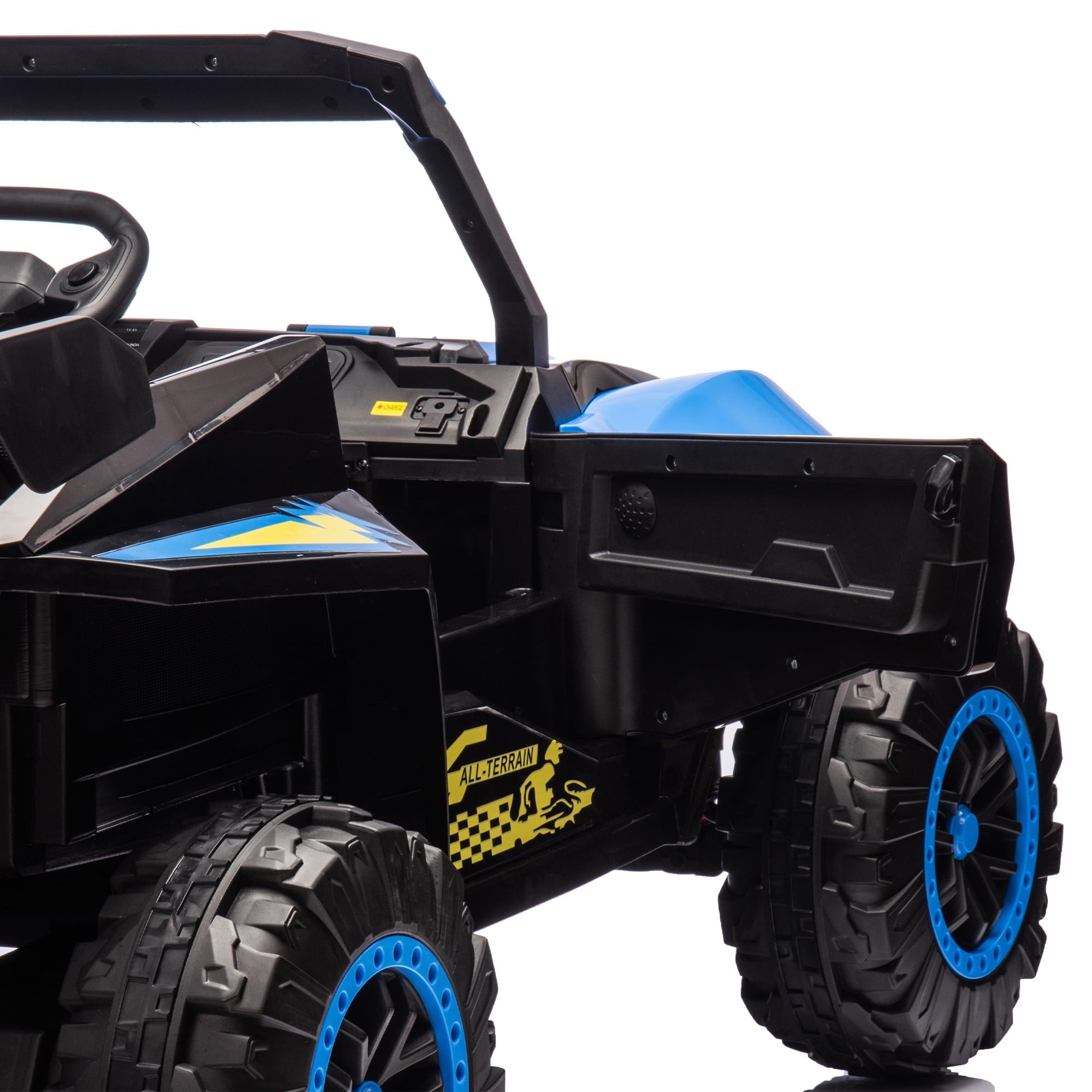 Track 7 24V Kids Ride On Car, 2-Seater Kids Ride On Police Car, 4-Wheel Suspension, with Megaphone, Walkie Talkie, Power Display, Bluetooth, Music, LED Lights for Kids Age 3+, Blue