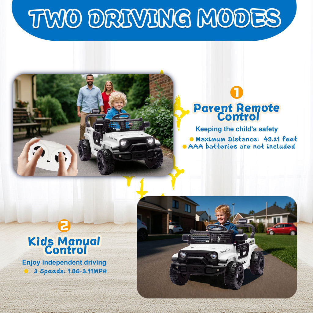Track 7 24V Kids Ride-On Car with Remote Control, 2WD, Four-Wheel Suspension with Large Wheel Design, Power Display, Bluetooth, MP3 Player, LED Lights, and Speed Control for Ages 2-5, White