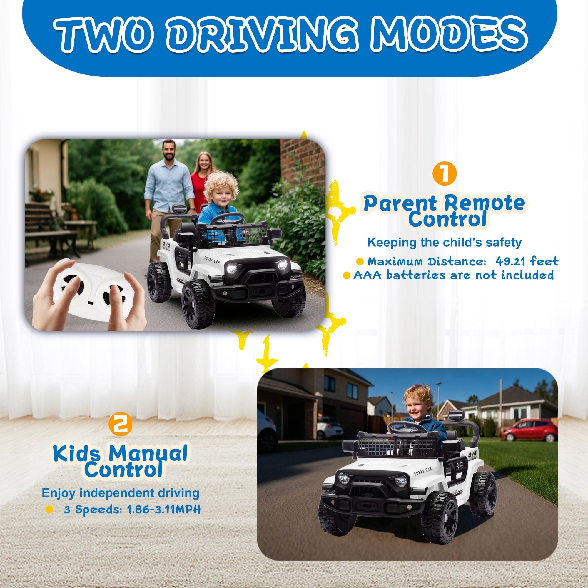 Track 7 24V Kids Ride-On Car with Remote Control, 2WD, Four-Wheel Suspension with Large Wheel Design, Power Display, Bluetooth, MP3 Player, LED Lights, and Speed Control for Ages 2-5, White