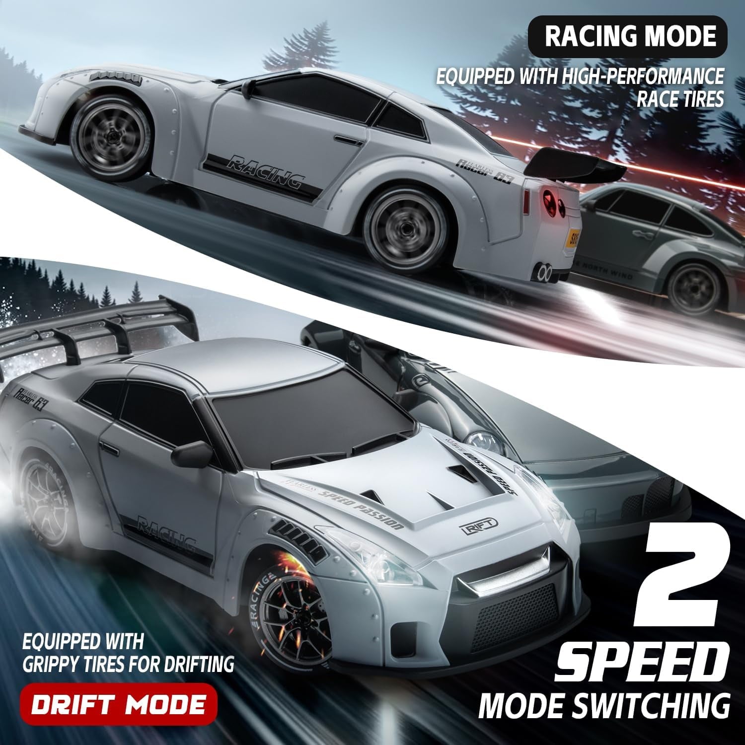 Track Seven RC Drift Car, 1:24 Scale Remote Control Vehicle with LED Lights, 2.4GHz 20KM/H 4WD High Speed RC Cars, Drifting Tires＆Two Batteries, Racing Sports Toy Idea Gift for Adults Boys Girls