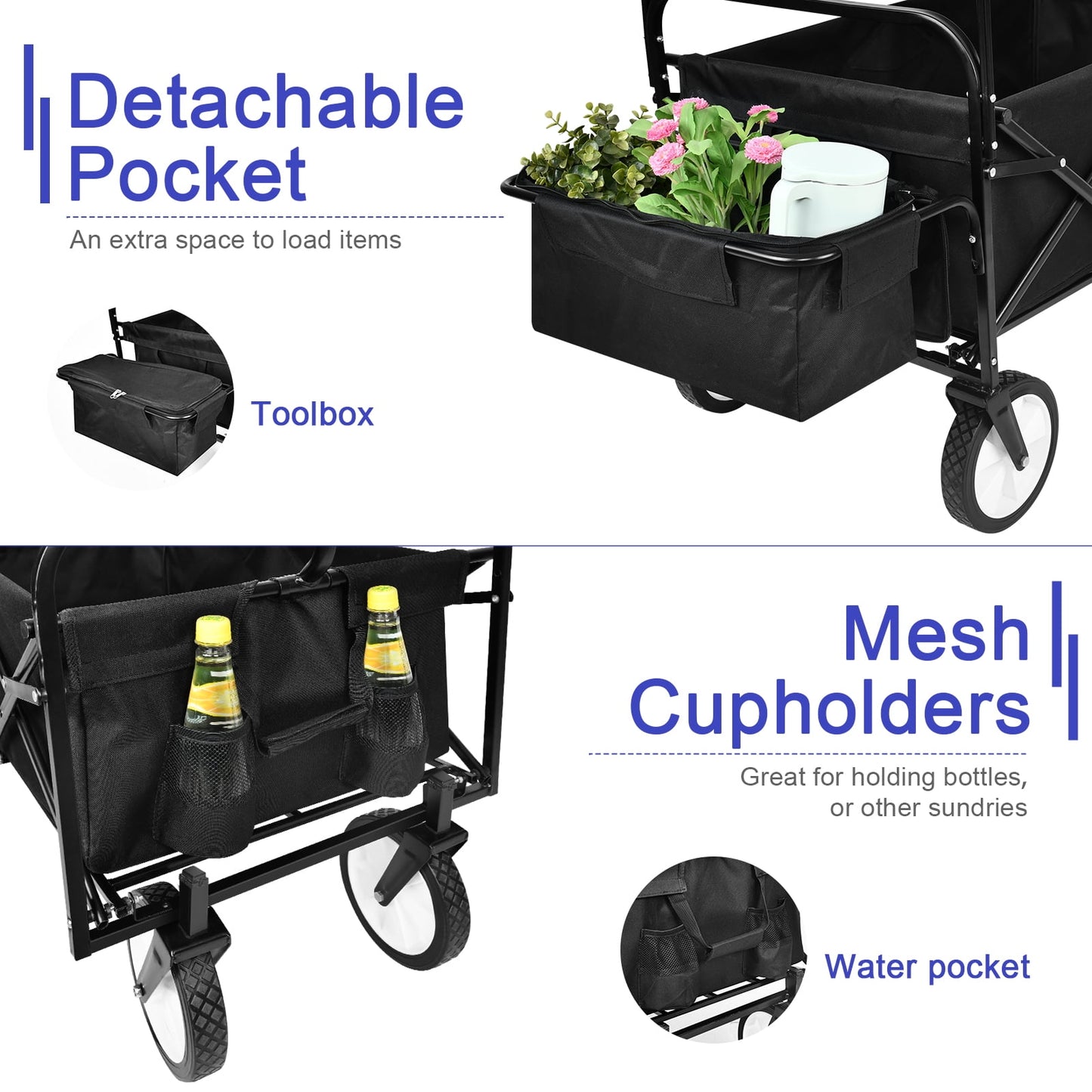 COOKCOK Folding Outdoor Utility Wagon with Removable Canopy,Adjustable Handles Garden Carts,Black