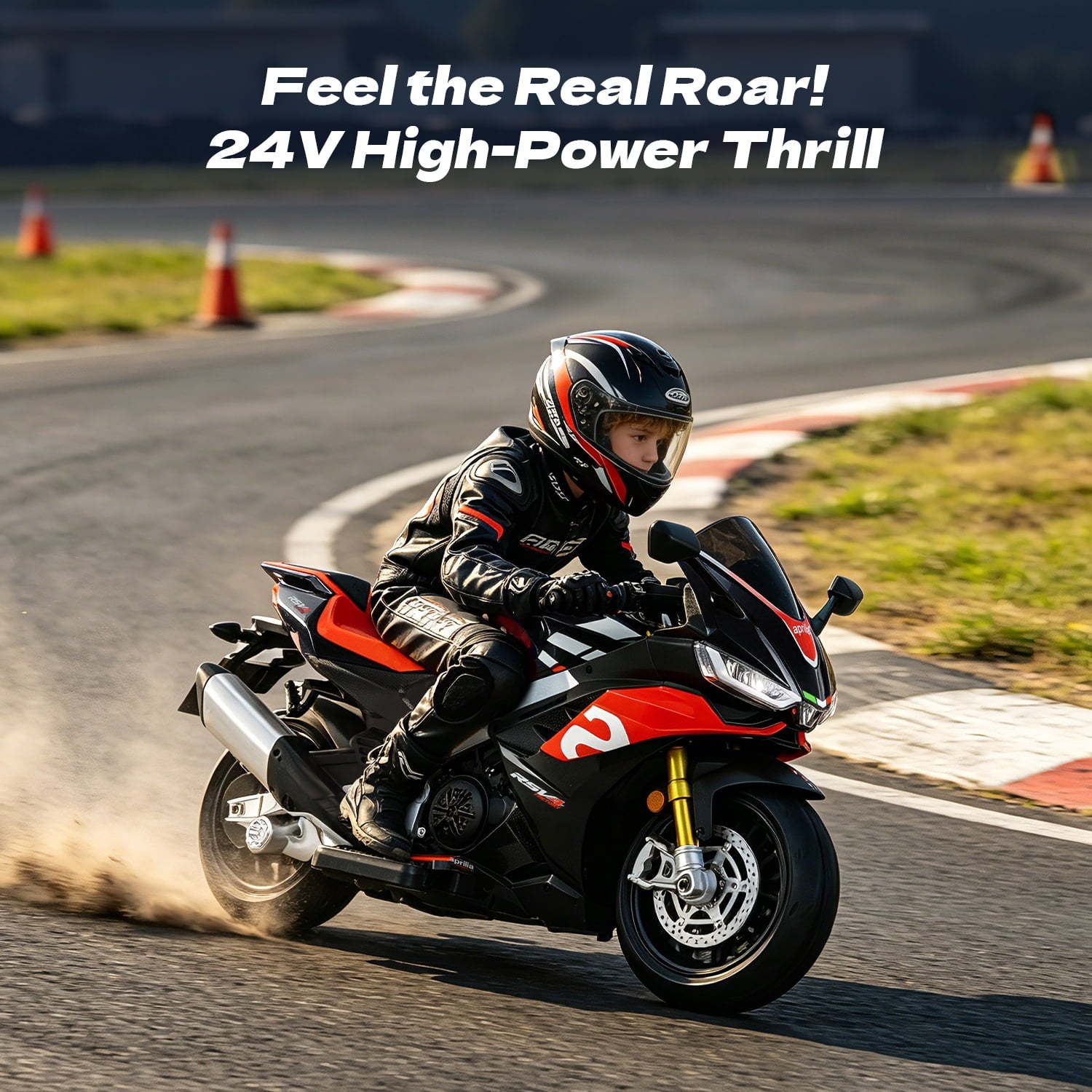 Track Seven 24V Ride on Motorcycle, Licensed Aprilia RSV4 Electric Motorcycle with Training Wheels, LED Lights, Music, Large Seat, Max 5 Mph, 24V Ride on Toy Car for Boys Girls Aged 3+, Black