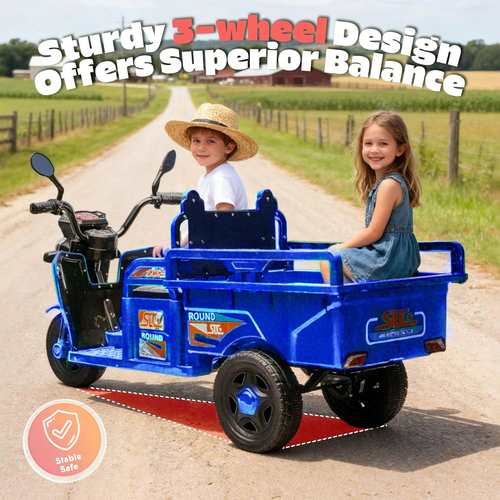Track Seven 12V Kids Ride on Car, Electric 3-Wheel Cargo Truck with Large Storage Space, LED Lights, Music, Electric Trike Ride on Toy for Kids Aged 3+, Blue