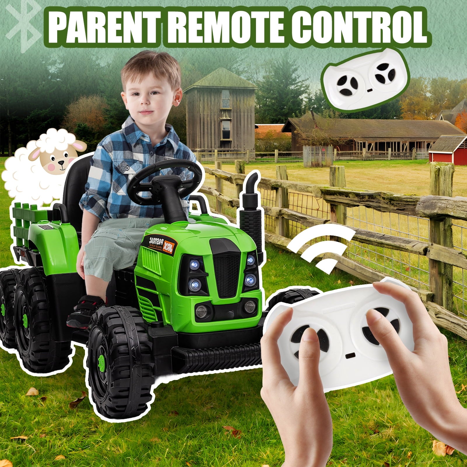 Track 7 12V Ride on Tractor with Trailer, 3-Gear-Shift Ground Loader, Kids Ride on Car with Remote Control, Bluetooth, Music, LED Lights, Electric Car for Boys Girls, Light Green