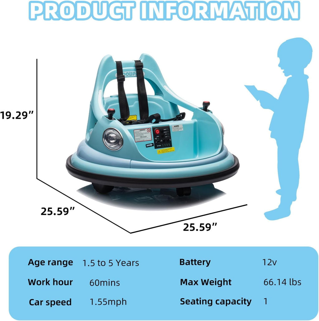 Track Seven 12V Bumper Car for Toddlers, Kids Electric Bumper Car with Remote Control, LED Lights, Bluetooth, 360°Spin, Ride on Toy Car for Boys Girls Aged 2+, Blue