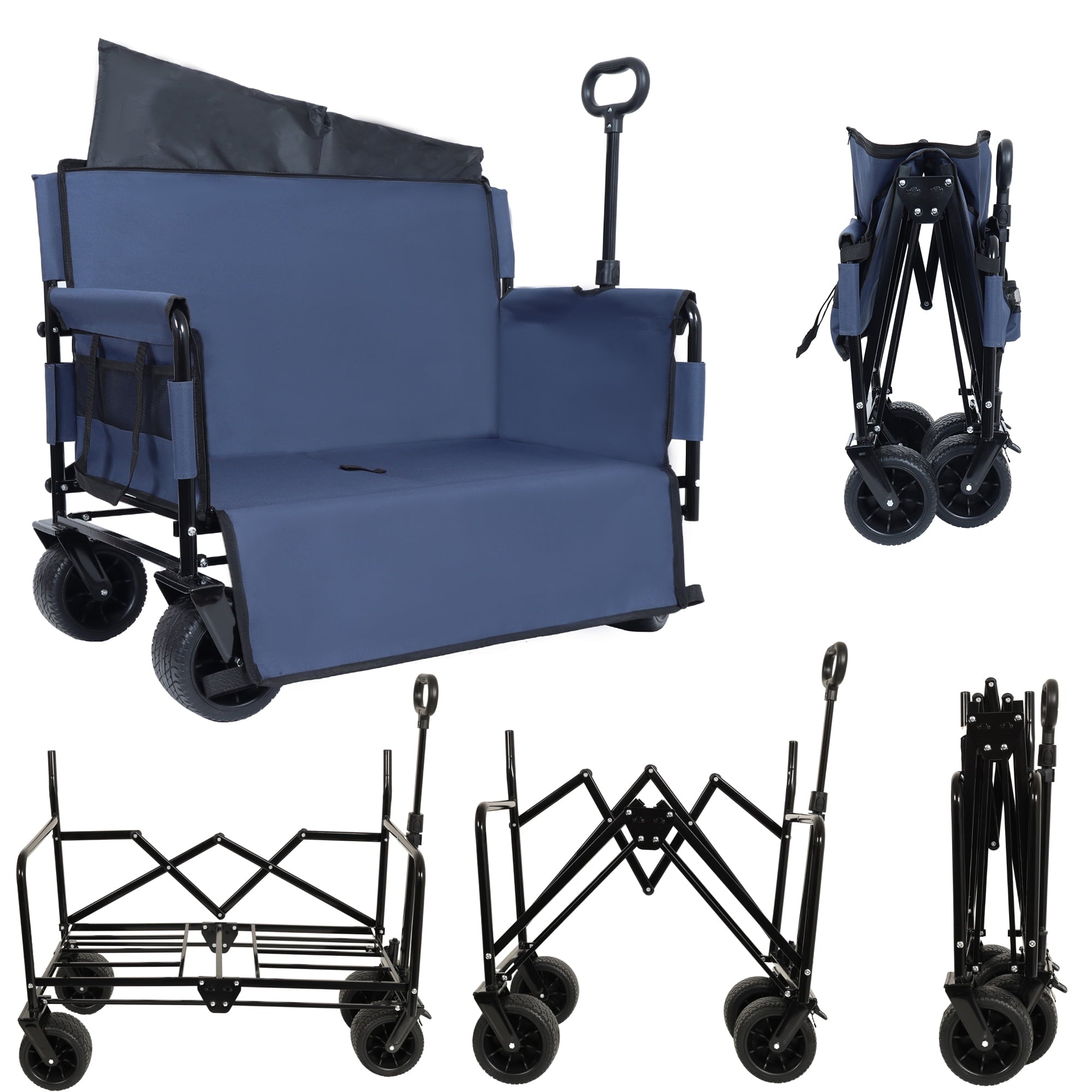 COOKCOK 3-in-1 Convertible Folding Wagon Cart with Bench Seat, 500lbs Heavy Duty Utility Wagon with Adjustable Handle, 180L Capacity All-Terrain Wheels for Camping, Beach, Garden, Dark Blue