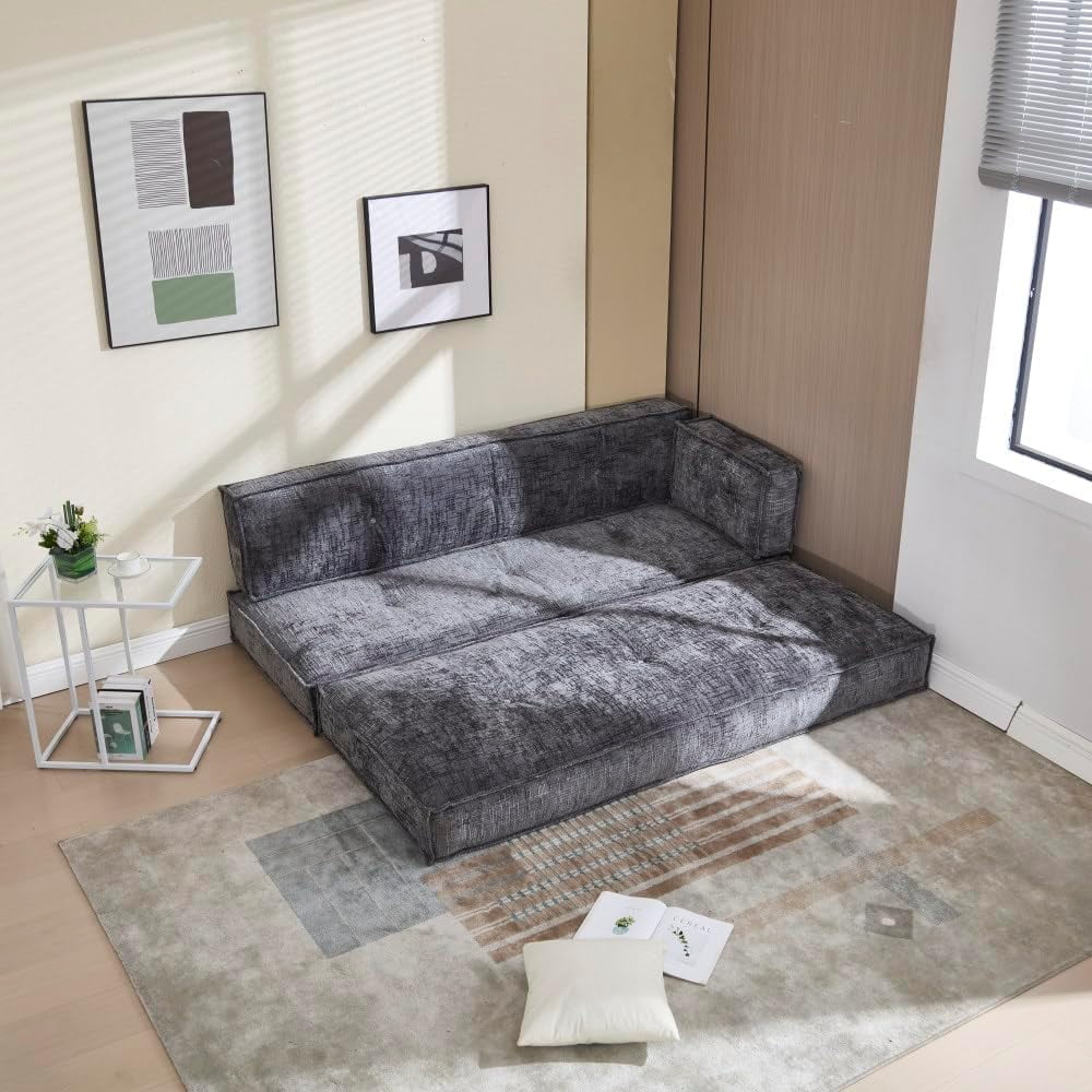 BISHE 78" Modular Sectional Sofa Bed, Chenille Fabric L-Shaped Cloud Couch with Storage Pockets, No Assembly Required, Space-Saving Convertible Sleeper for Living Room, Apartment, Office, Grey