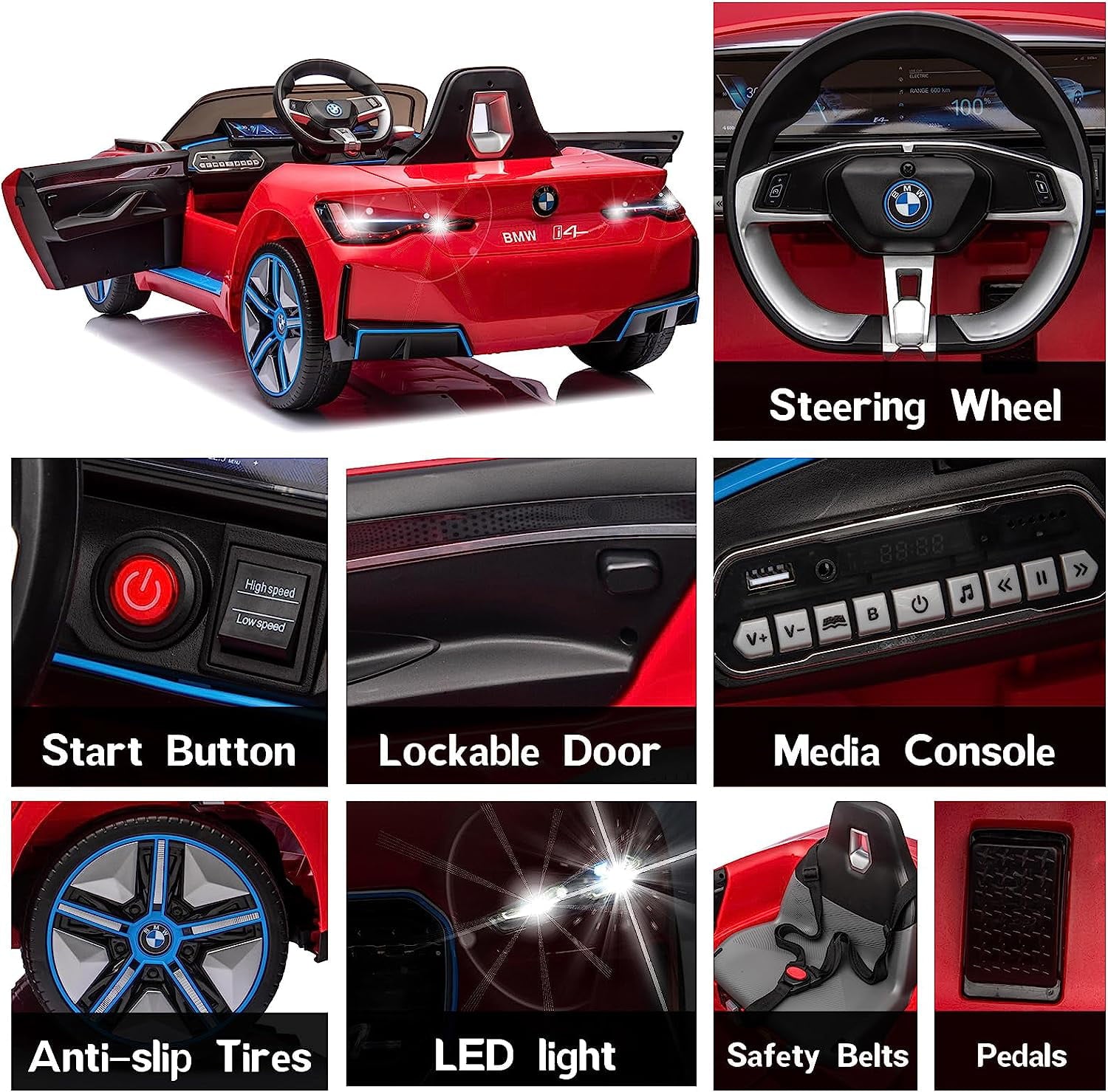 Track 7 Kids Ride on Car, 12V Licensed BMW i4 12V Electric Car with Remote Control, MP3, Age 3+, Red