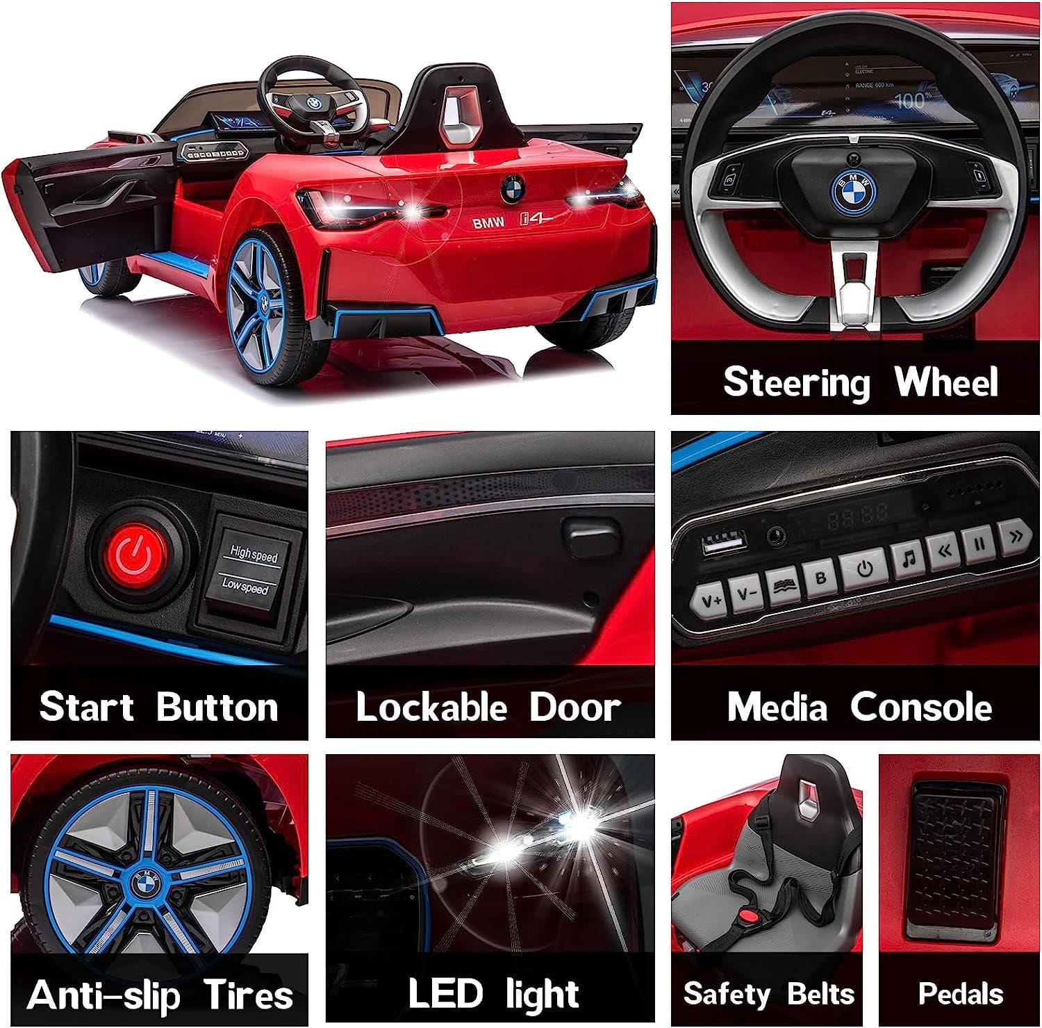 Track 7 Kids Ride on Car, 12V Licensed BMW i4 12V Electric Car with Remote Control, MP3, Age 3+, Red