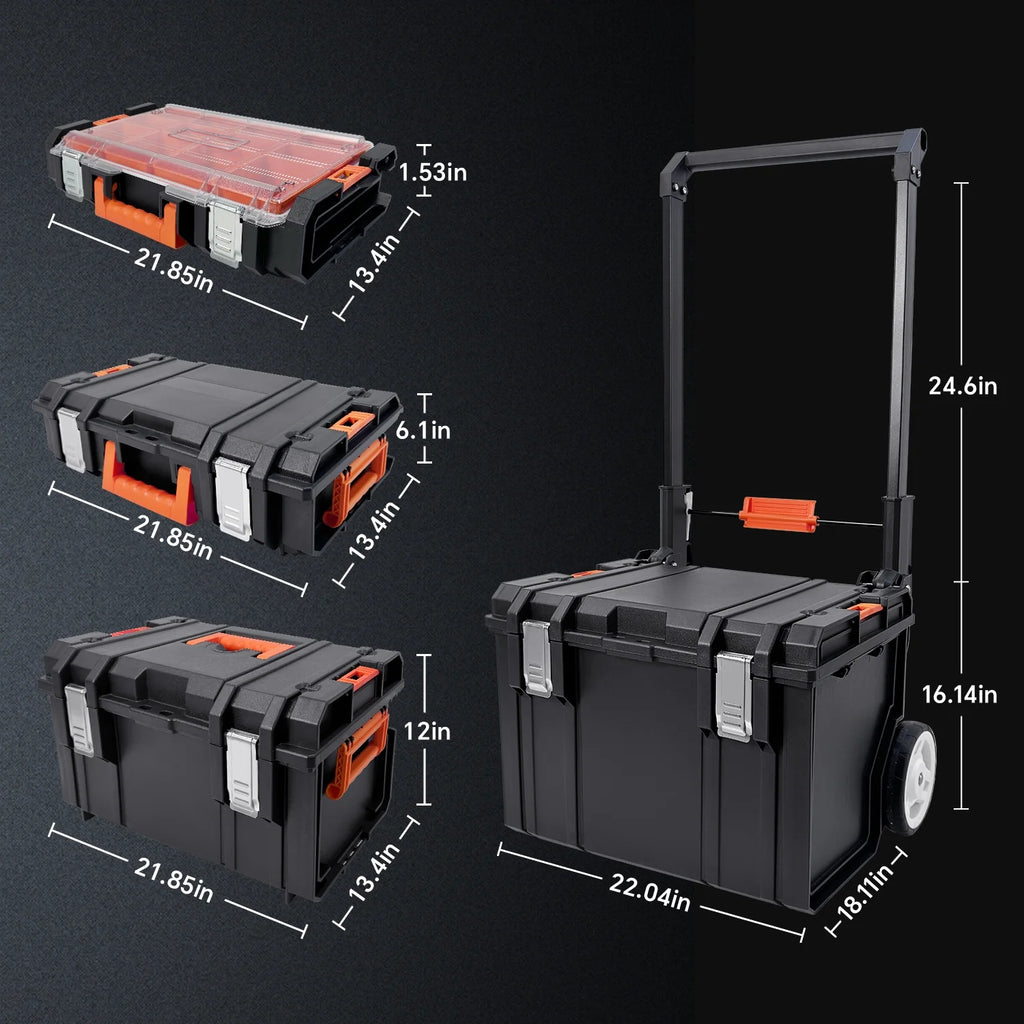 COOKCOK Stackable Storage System - 4 Pieces Set, Rolling Tool Box Set Mobile Tool Chest Storage Organizer Portable . Mobile Utility Cart with Comfort Grip Handle and Tough Latches, Black