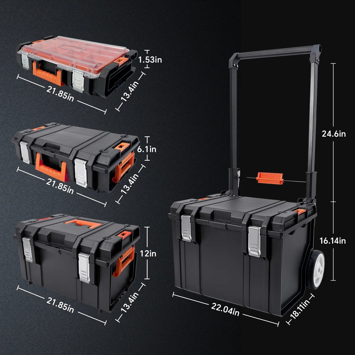 COOKCOK Stackable Storage System - 4 Pieces Set, Rolling Tool Box Set Mobile Tool Chest Storage Organizer Portable . Mobile Utility Cart with Comfort Grip Handle and Tough Latches, Black