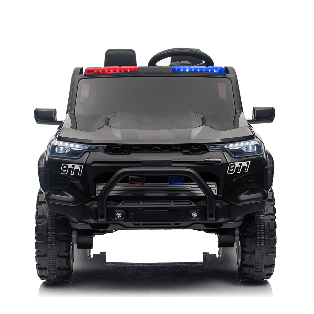 Track 7 24V 2-Seats Police Car for kid 3+, 3 speed adjustable, 2-Point Safety Belt, with Remote Control, Flashing Lights, Music, Spring Suspension, Black