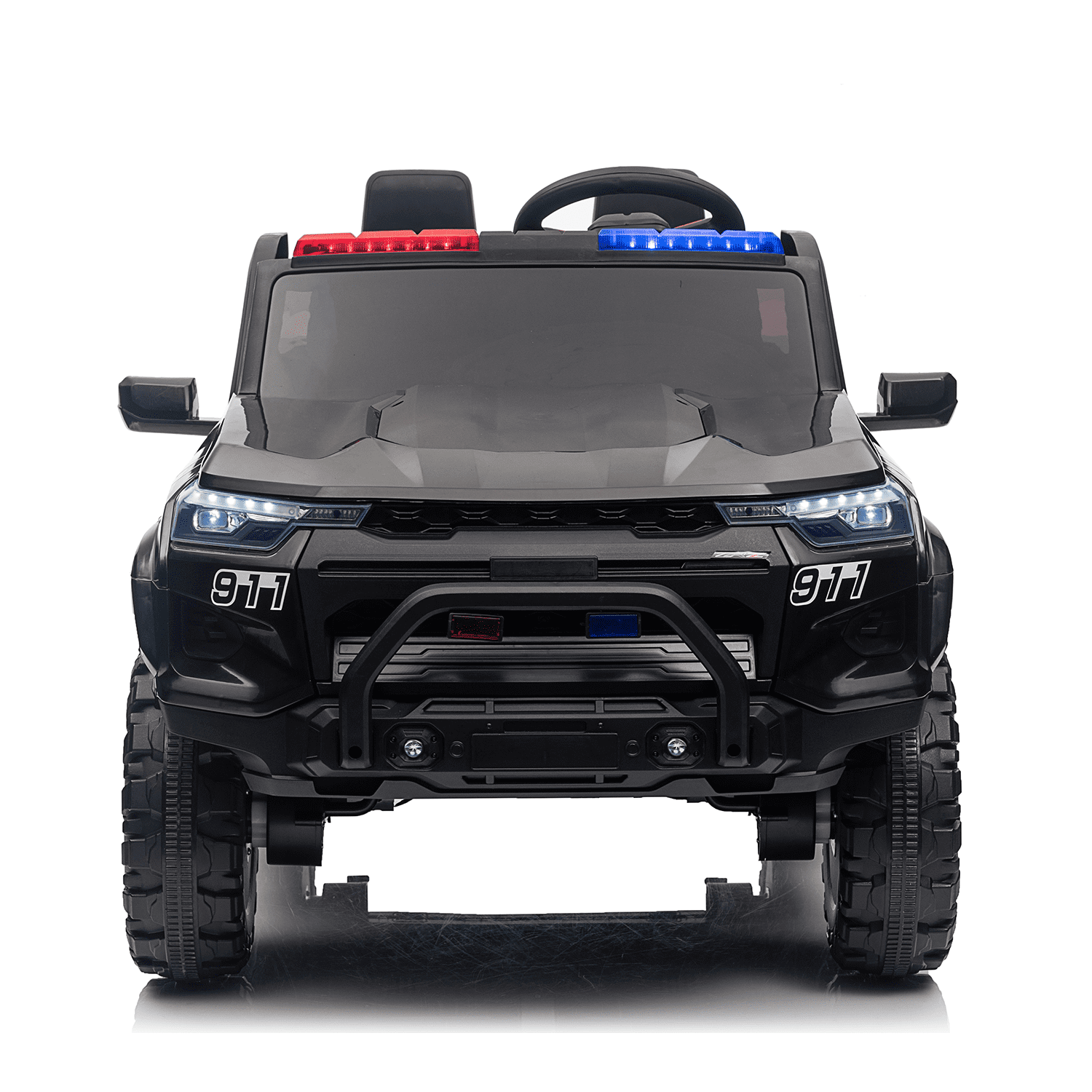 Track 7 24V 2-Seats Police Car for kid 3+, 3 speed adjustable, 2-Point Safety Belt, with Remote Control, Flashing Lights, Music, Spring Suspension, Black