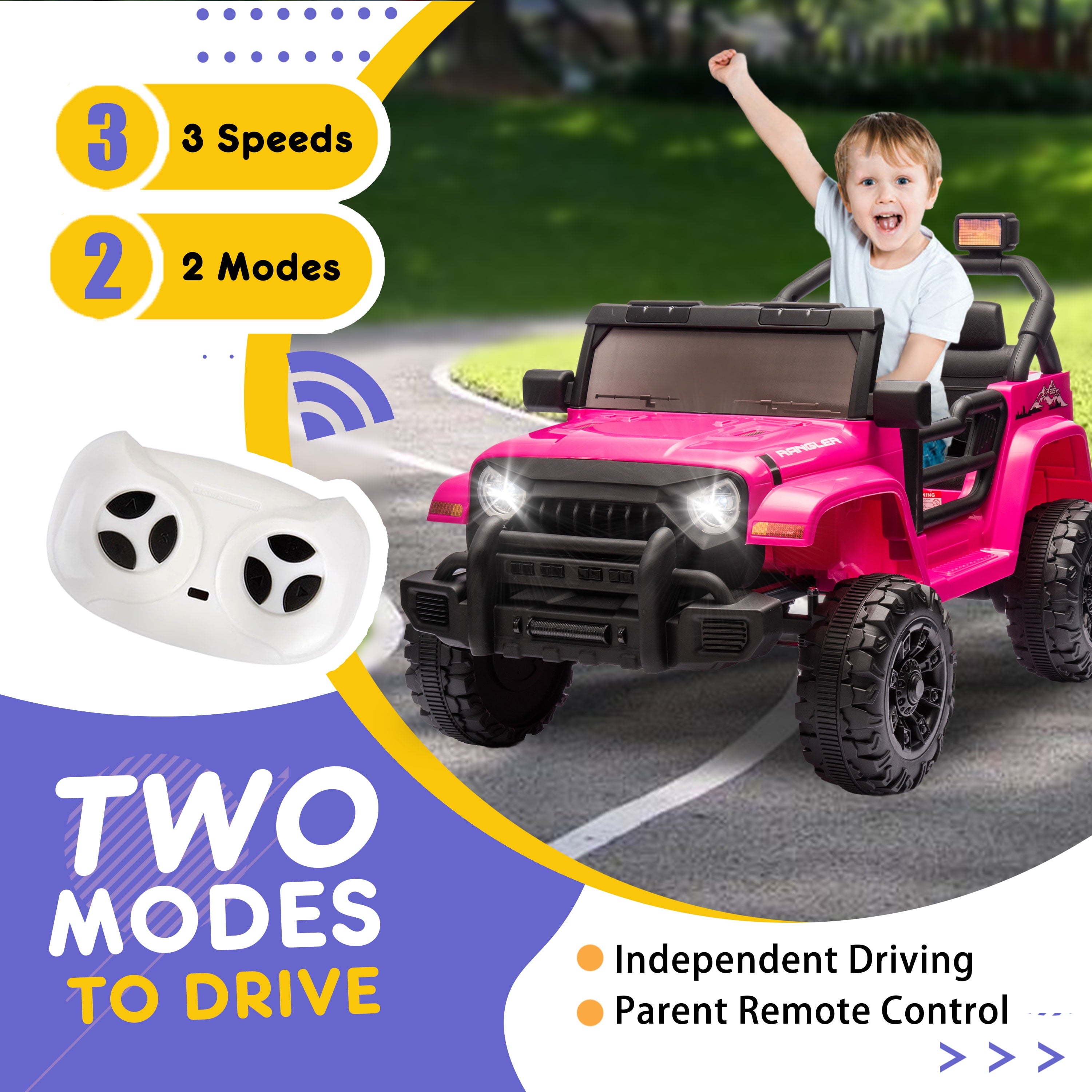 Track 7 Kids Ride on Truck, 12V Ride on Car with Remote Control, Kids Electric Car, Bluetooth, LED Lights, MP3, Pink