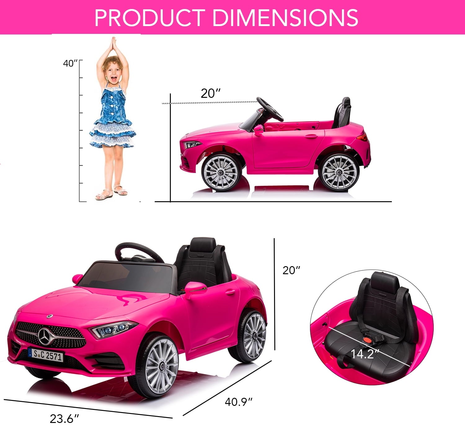 Track 7 12V Ride on Car, Licensed Mercedes-Benz CLS 350 Electric Car for Kids, Ride on Car with Remote Control, Music, Power Display, LED Lights, MP3, Kids Car for Age 3+, Pink