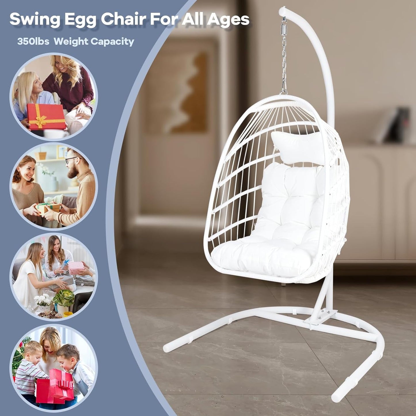 COOKCOK Hanging Egg Chair with Stand, Indoor and Outdoor for Patio, Bedroom, Porch, Garden, 350LBS Capacity, Steel, White