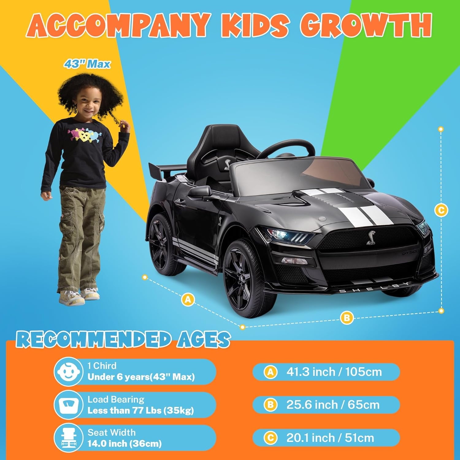 Track 7 12V Ride on Car, Licensed Ford Mustang Shelby GT500 Ride on Car with Remote Control, LED Lights, Music & Bluetooth, Electric Car for Boys Gilrs Age3+， Black