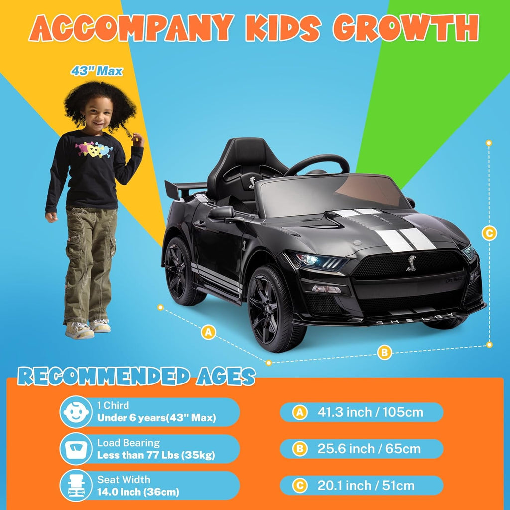 Track 7 12V Ride on Car, Licensed Ford Mustang Shelby GT500 Ride on Car with Remote Control, LED Lights, Music & Bluetooth, Electric Car for Boys Gilrs Age3+, Red