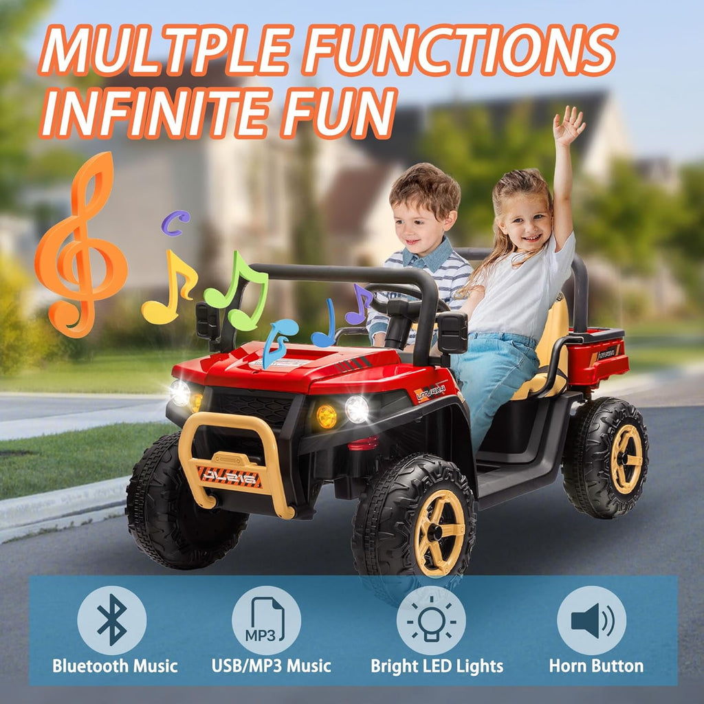 Track 7 24V 2 Seater Ride on Car, 25.79" Width Large Seat, 24V Ride On UTV w/Remote Control, Automatic Tipping Bucket, Bluetooth, Portable Handle, Electric Car Truck for Boys Girls Age 3+, Red