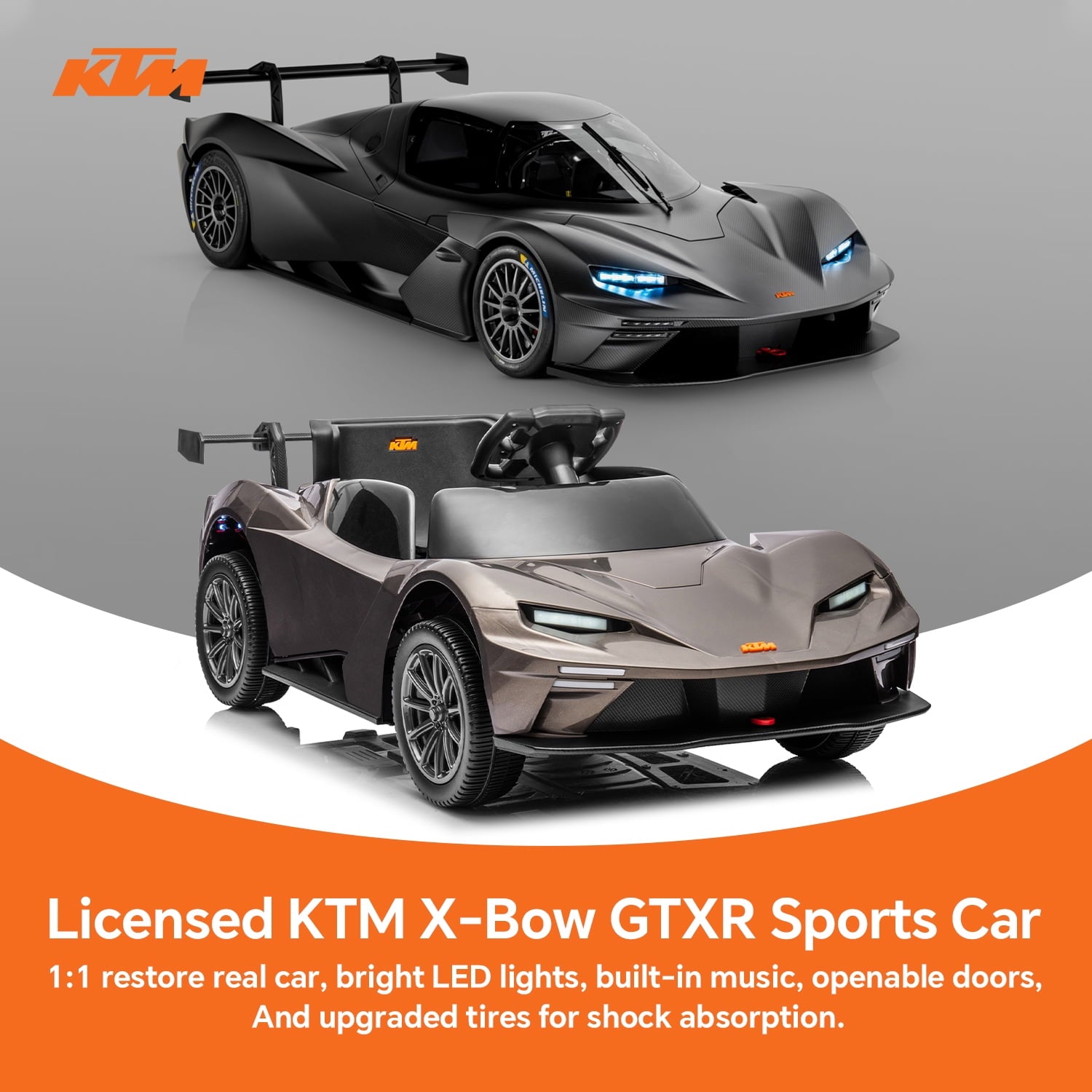 Track Seven 12V Ride on Car with Remote Control, Licensed KTM X-BOW GTXR Electric Car for Kids Age 3+, Music, Ride on Toy Electric Vehicle, Black