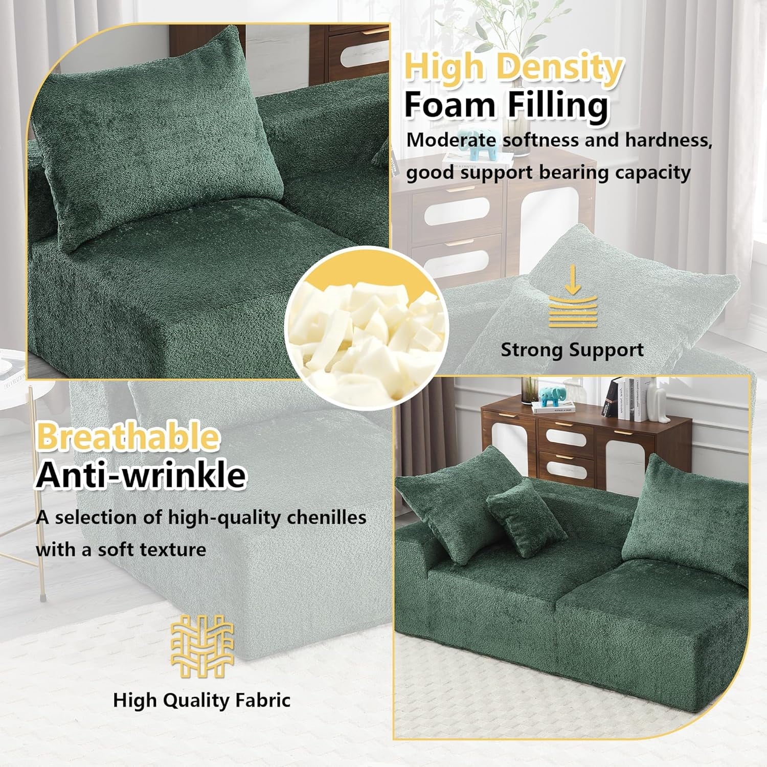 BISHE 67.72"-R Modular Sectional Sofa Couch, L-Shaped Chenille Fabric Cloud Couch with Chaise, Modern Deep Seat Sofa, No Assembly Required, Includes Pillows for Living Room, Emerald