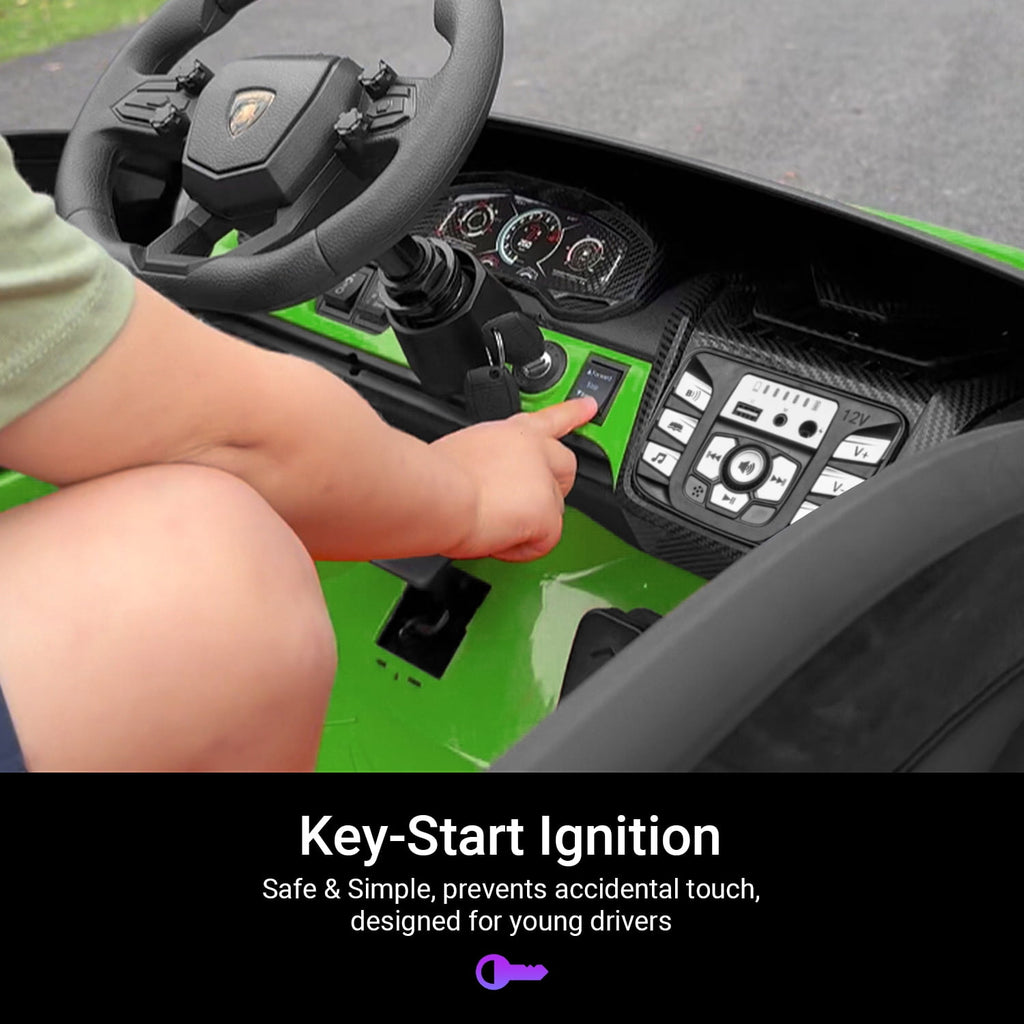 Track Seven 24V 2-Seater Ride on Car, Licensed Lamborghini Revuelto Electric Car with Remote Control, Music, LED Lights, Key Start, Spring Suspension, Max Speed 4.3mph, 24V Ride on Toy Car, Green