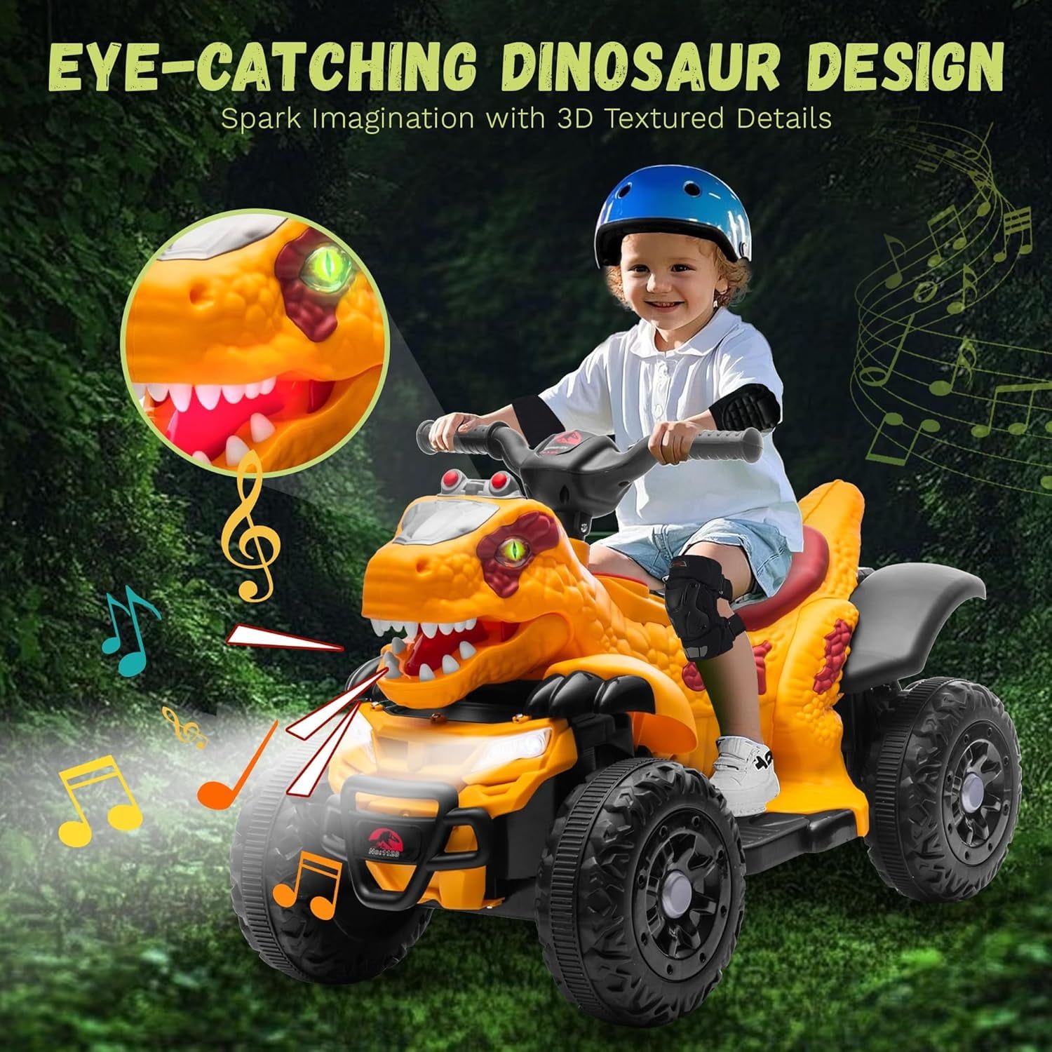Track Seven 12V Ride-On ATV, Dinosaur Shape Electric Car, 2WD, Music, Bluetooth & Microphone, Power Display, Indoor& Outdoor Ride-On Toy Car for Boys Girls Age 2+, Yellow