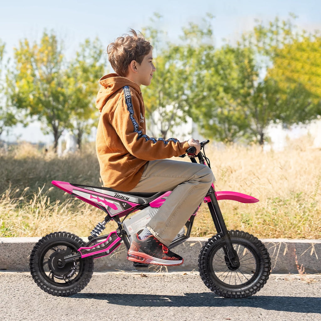 Track 7 24V Electric Dirt Bike, 350W Ride on Motorcycle with Twist Grip Throttle, Hand-Operated Dual Brakes, Speed Up to 10 MPH, for Age 8-12, Pink