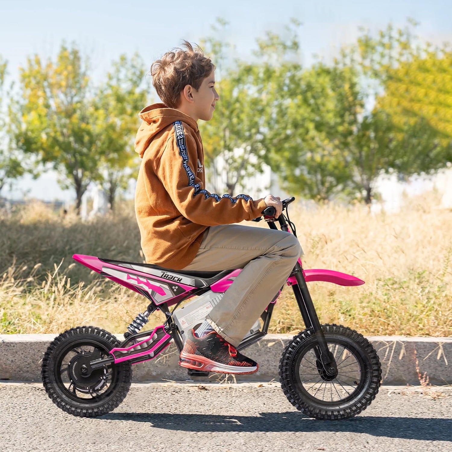 Track 7 24V Electric Dirt Bike, 350W Ride on Motorcycle with Twist Grip Throttle, Hand-Operated Dual Brakes, Speed Up to 10 MPH, for Age 8-12, Pink