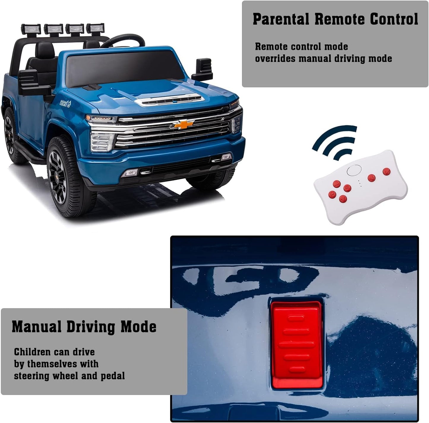 LISUEYNE 24 V Ride on Car, Licensed Silverado HD 2 Seater Electric Car for Boys Girls Age 3+, 24 V Ride on Truck with Remote Control, Music, ABC, Blue