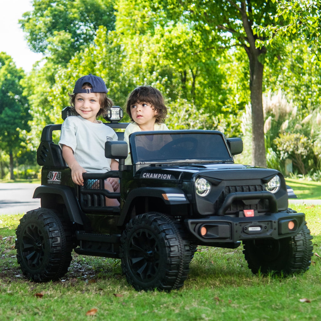 Track 7 24V Ride on Truck, 2 Seater Ride On Toy Car for Big Kids, 19.7" Large Wide Seat, 4WD Electric Truck Car with Music, Bluetooth, Light and Searchlight, Max Speed 4.35 mph, Black