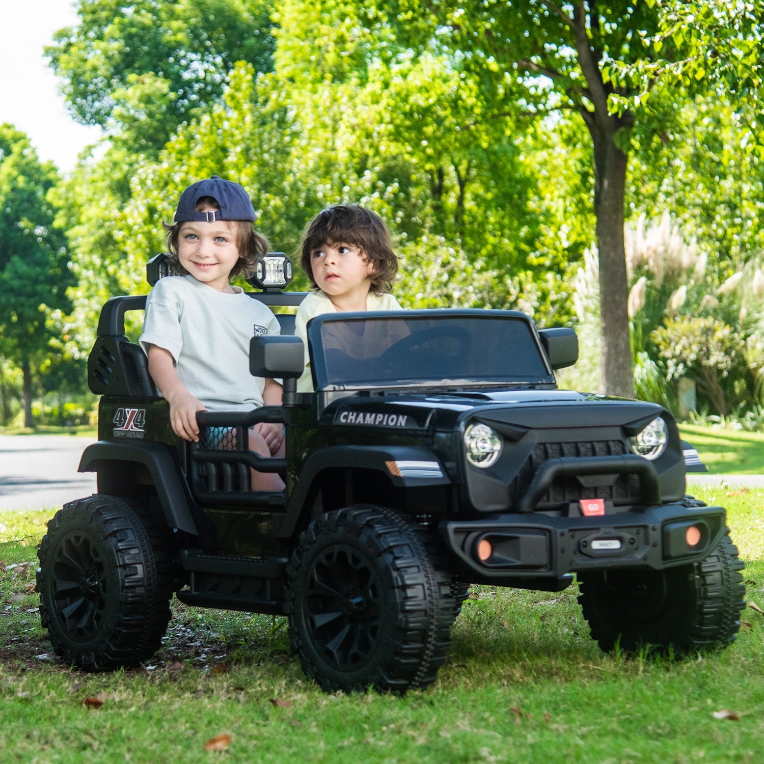 Track 7 24V Ride on Truck, 2 Seater Ride On Toy Car for Big Kids, 19.7" Large Wide Seat, 4WD Electric Truck Car with Music, Bluetooth, Light and Searchlight, Max Speed 4.35 mph, Black