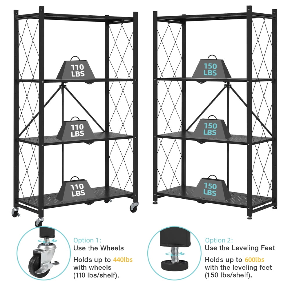 COOKCOK 4-Tier Storage Shelves, Foldable Shelving Units with Wheels, 27.9"x13.4"x 47.8", Freestanding Wire Shelf Rack with Hooks, No Assembly Organizer Rack for Garage Kitchen, Black (Pack of 2)