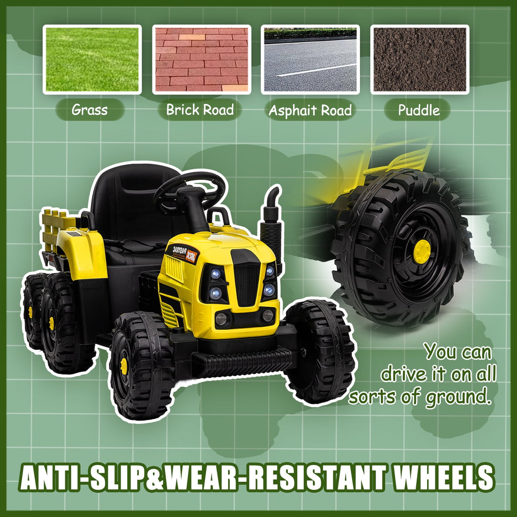 Track 7 12V Ride on Tractor with Trailer, 3-Gear-Shift Ground Loader, Kids Ride on Car with Remote Control, Bluetooth, Music, LED Lights, Electric Car for Boys Girls, Yellow