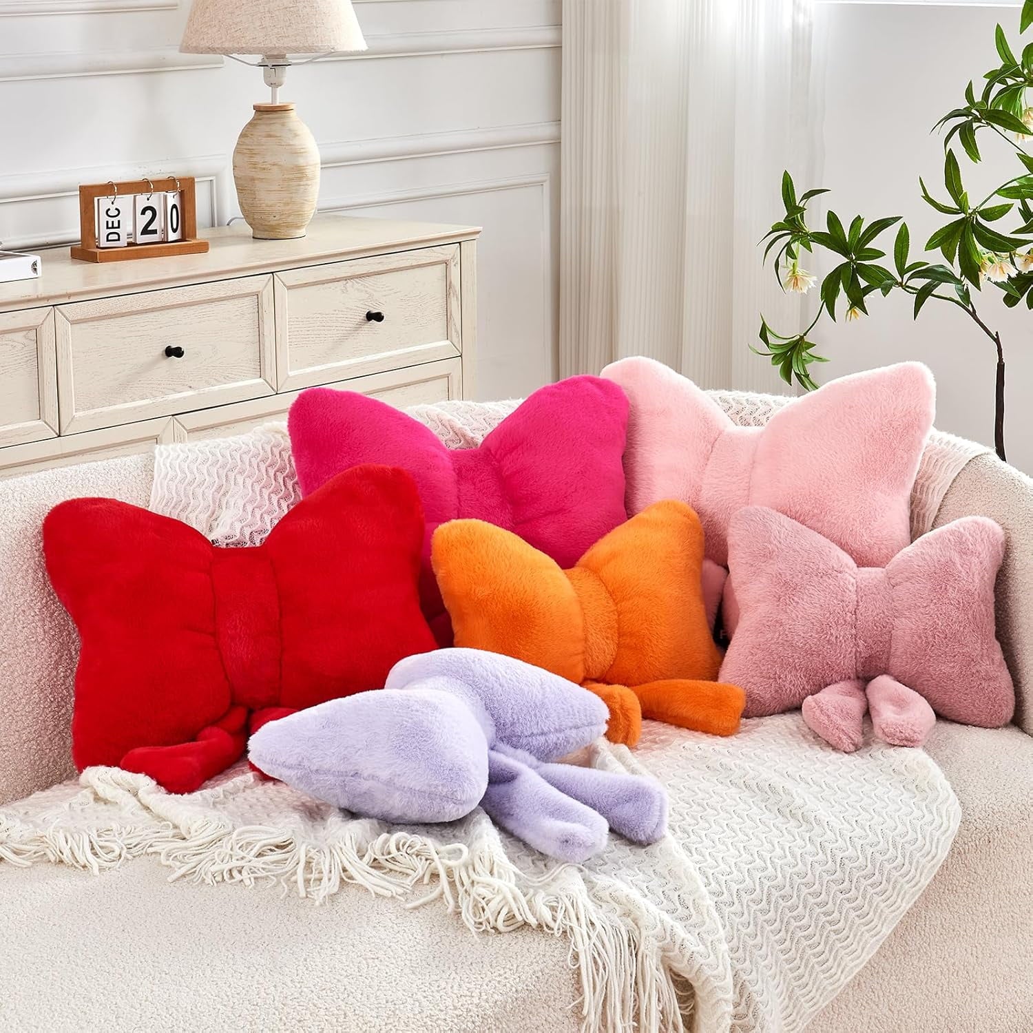 COOKCOK Bow Pillow, Soft Bow Decorative Throw Pillows with Faux Rabbit Fur, Cute 16" Bow Throw Pillows for Home Decor, Plush Pillow for Bedroom Sofa Couch, Pink