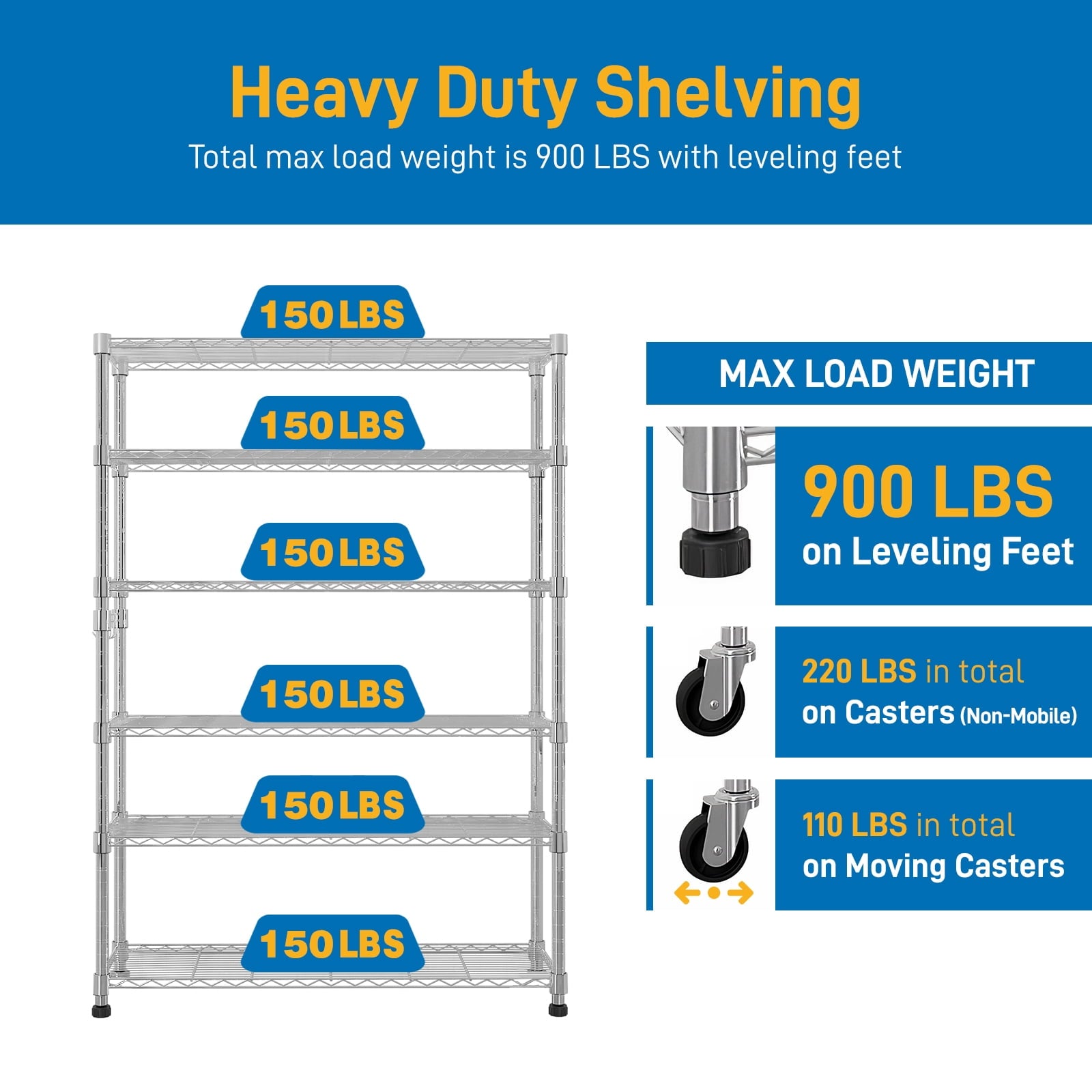 COOKCOK 6-Tier Storage Shelves, Wire Shelving Unit on Wheels Heavy Duty Shelves Adjustable Steel Shelving, Metal Storage Shelf with Hook, 46.06"x17.71"x81.88", Silver