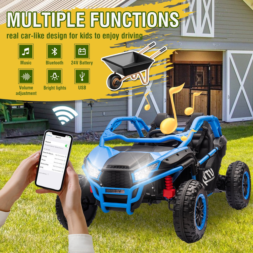 Track 7 24V Ride on UTV, 2-Seater Ride on Car, 20" Width Seat, 4.97 mph Speed, 400W Motor, Remote Control, Bluetooh, MP3, LED Lights, Rear Storage, Off-Road Electric Car for Boys Girls Age 3+, Blue