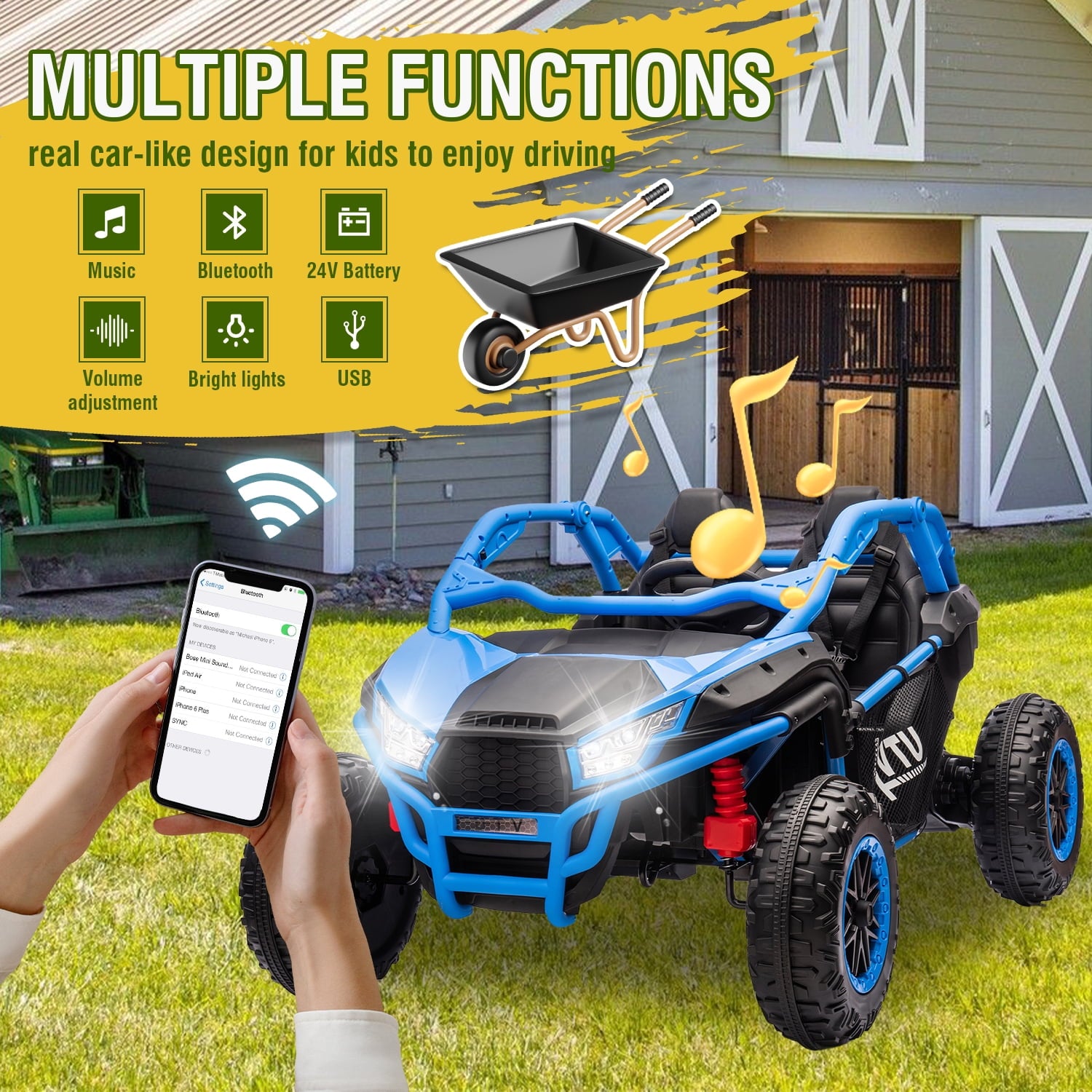 Track 7 24V Ride on UTV, 2-Seater Ride on Car, 20" Width Seat, 4.97 mph Speed, 400W Motor, Remote Control, Bluetooh, MP3, LED Lights, Rear Storage, Off-Road Electric Car for Boys Girls Age 3+, Blue