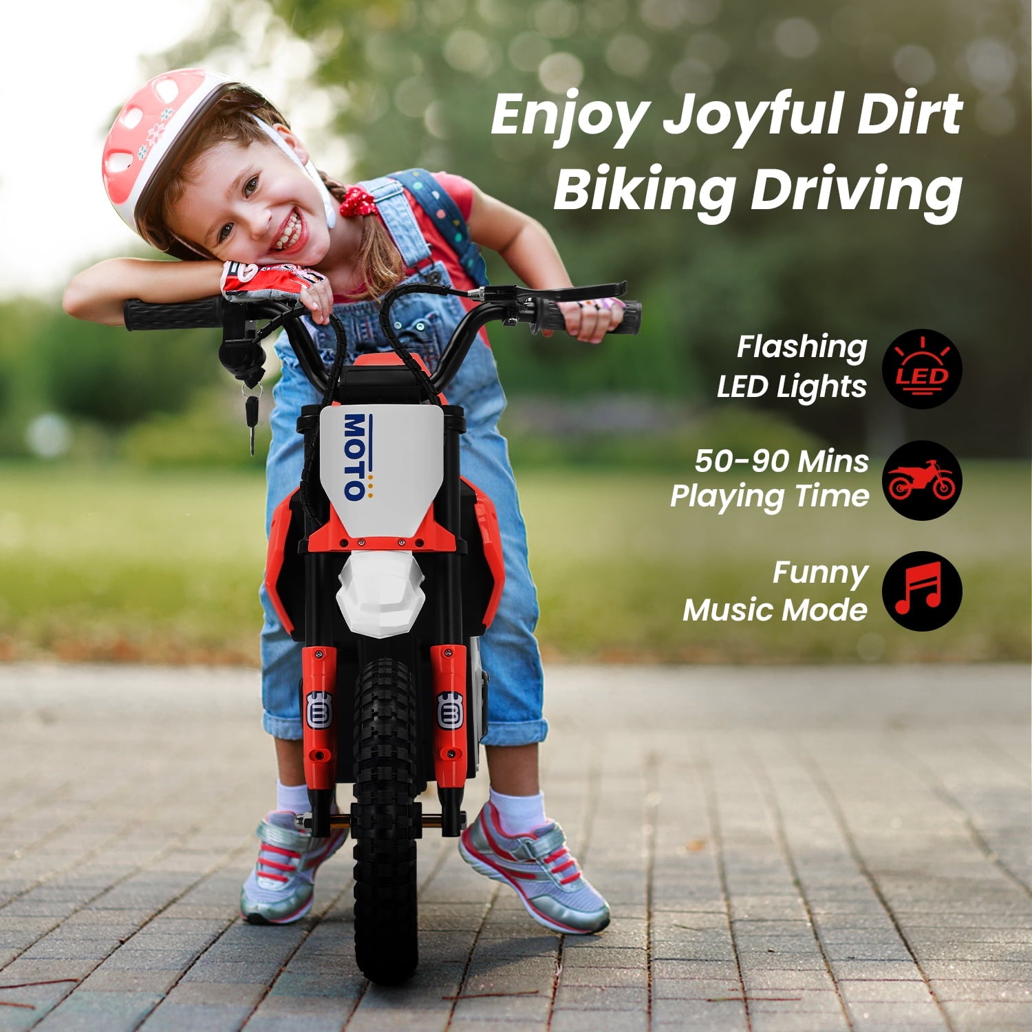 Track Seven 24V Electric Dirt Bike, 200W Motocross Ride on Motorcycle with Hand Operated Brakes, Adjustable Speed, LED Lamp, Music, Max Speed 10mph, Electric Motorcycle for Kids Age 5+, Red