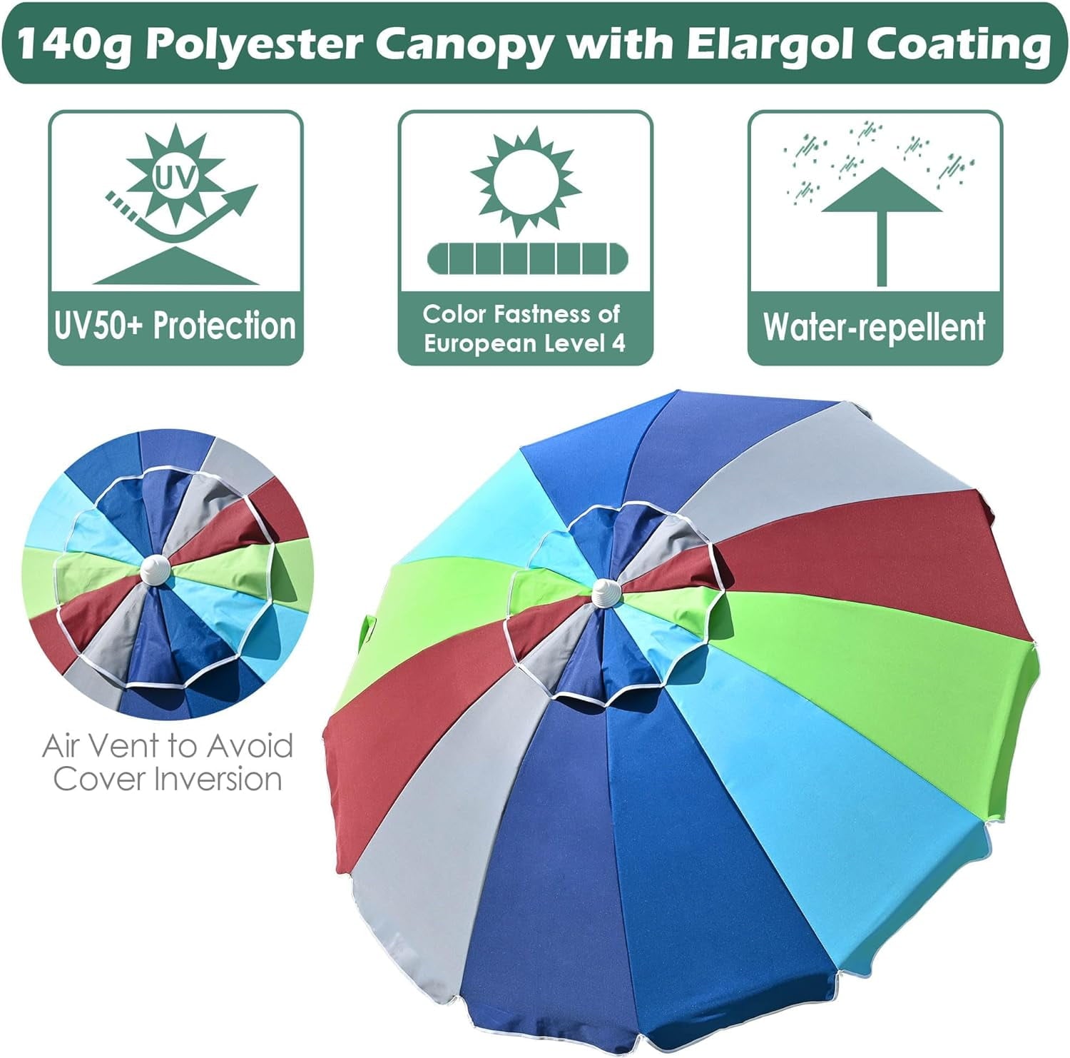 COOKCOK  Beach Umbrella, Patio Sunshade Umbrella with Sand Anchor & Tilt Mechanism, Air-Vent Design, Portable Sun Shelter Suitable for Seaside, Backyard, Poolside