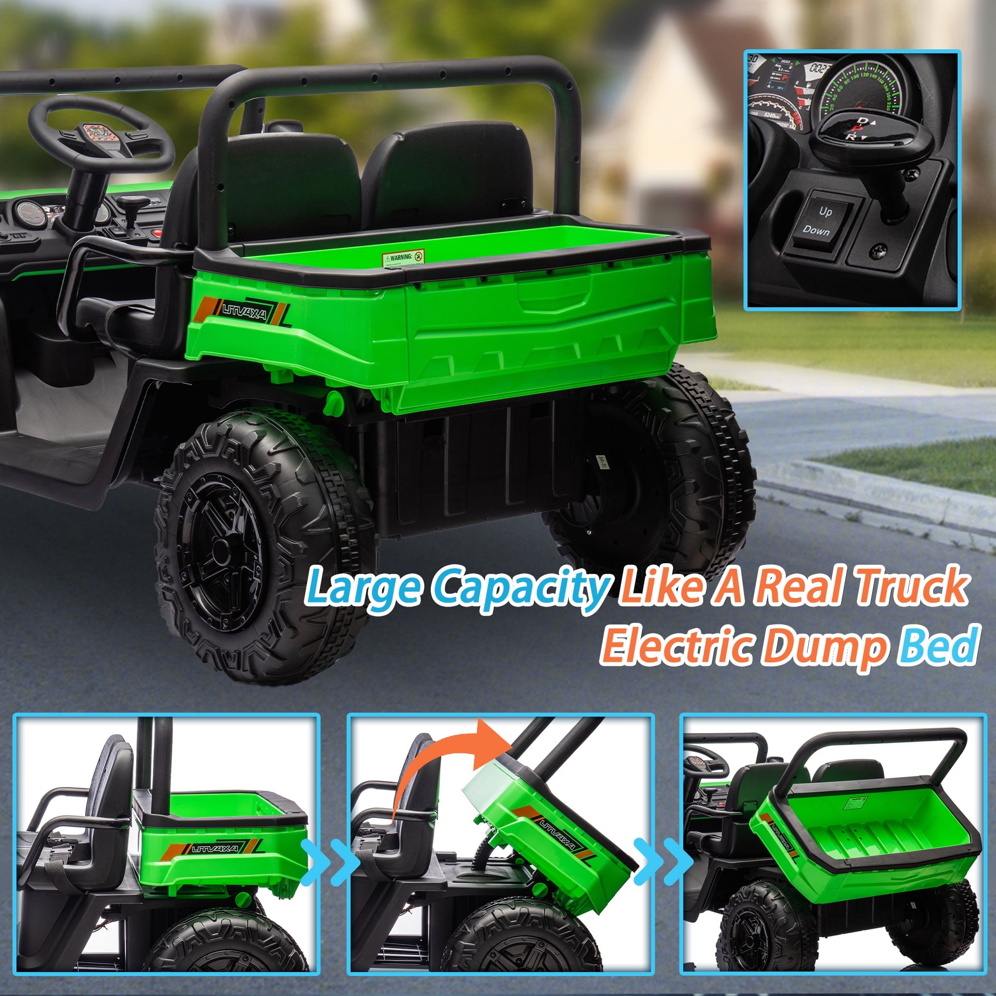 SUSIELADY 24V 2-Seater Kids Ride on Car, XXXL UTV, with Remote Control, Automatic Tipping Bucket, Slow Start, Portable Handle, Bluetooth, for Kids Aged 3+