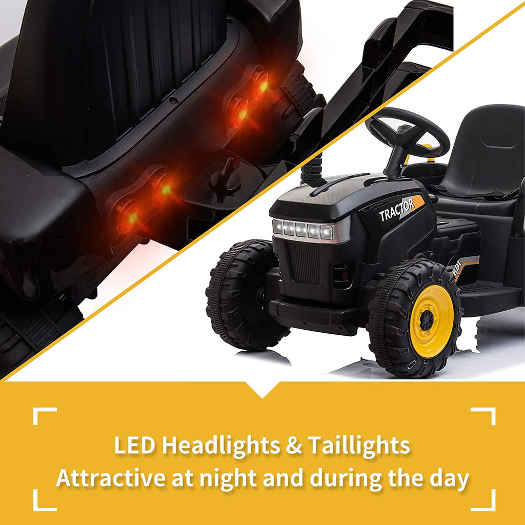 LISUEYNE 12V Ride on Tractor with Trailer,  Electric Car with Music, USB, LED Lights, Ride on Car for Kids Age 3-6 Years, Max Speed 5mph, Black