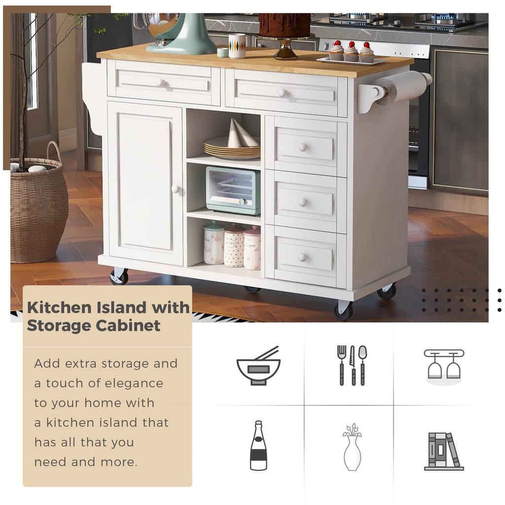 COOKCOK Kitchen Cart with Wood Countertop, Rolling Mobile Kitchen Island Cart with 5 Drawers, Open Storage Shelves, Towel Rack, 53" Width, White